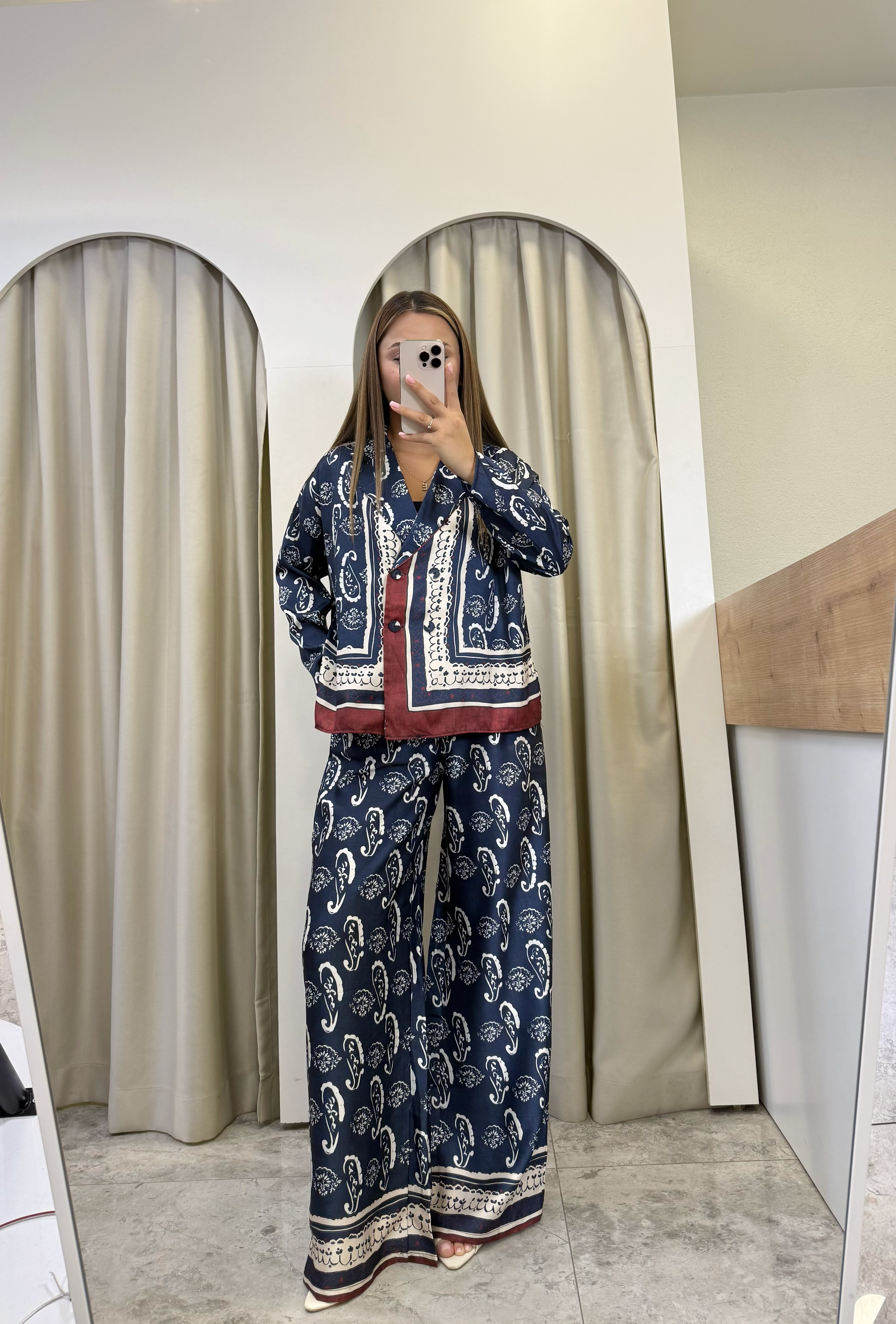 Navy Şal Desen Kruvaze Ceket-Pantolon Lacivert Takım