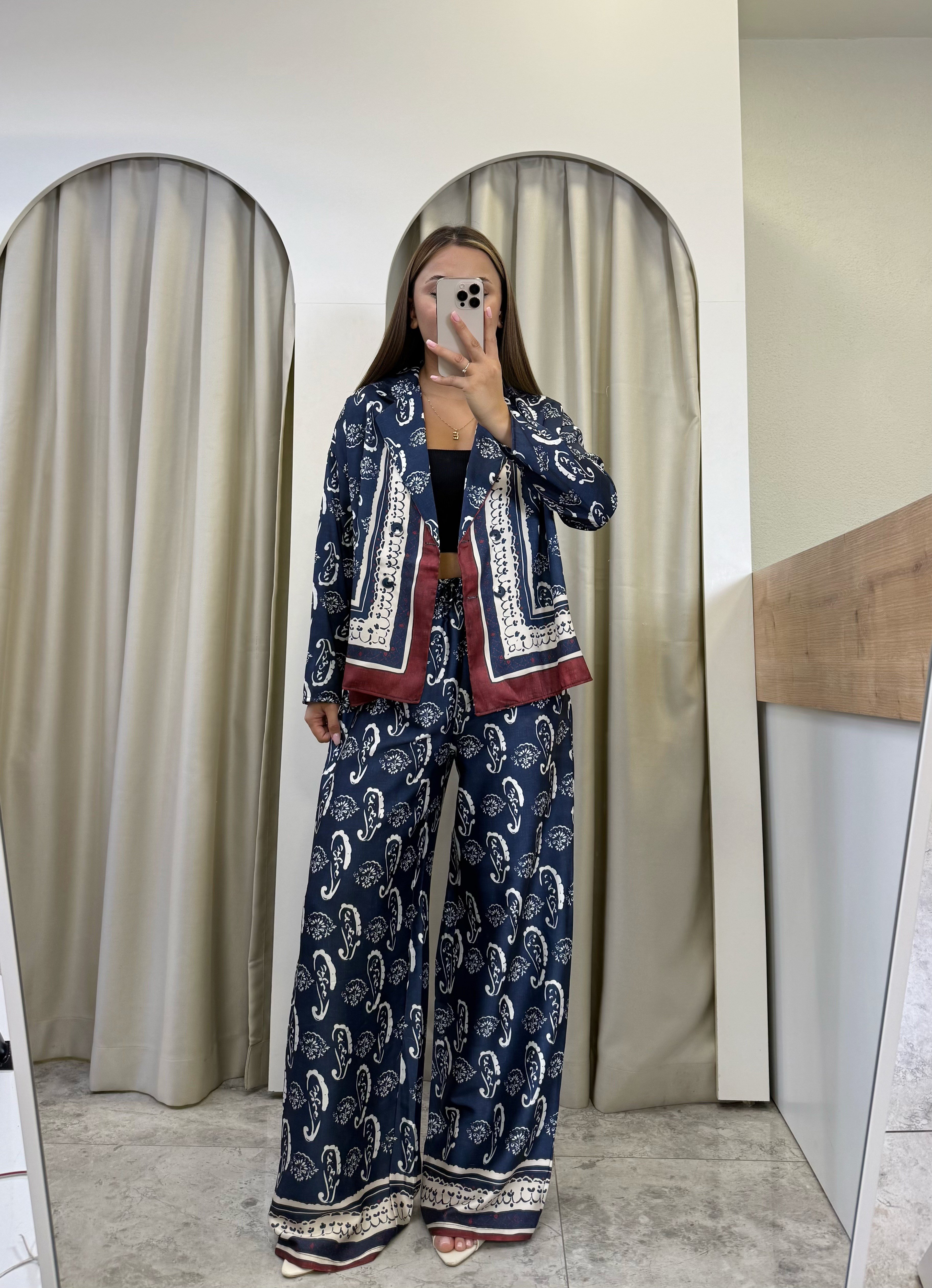 Navy Şal Desen Kruvaze Ceket-Pantolon Lacivert Takım
