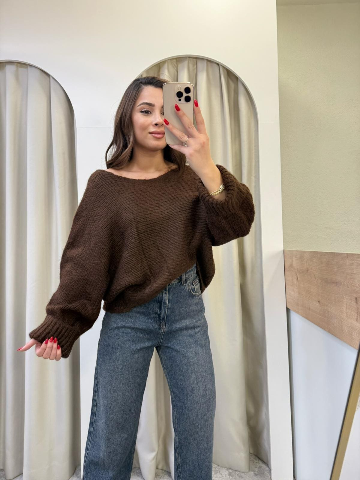 Niss Kahve Kayık Yaka Oversize Kazak