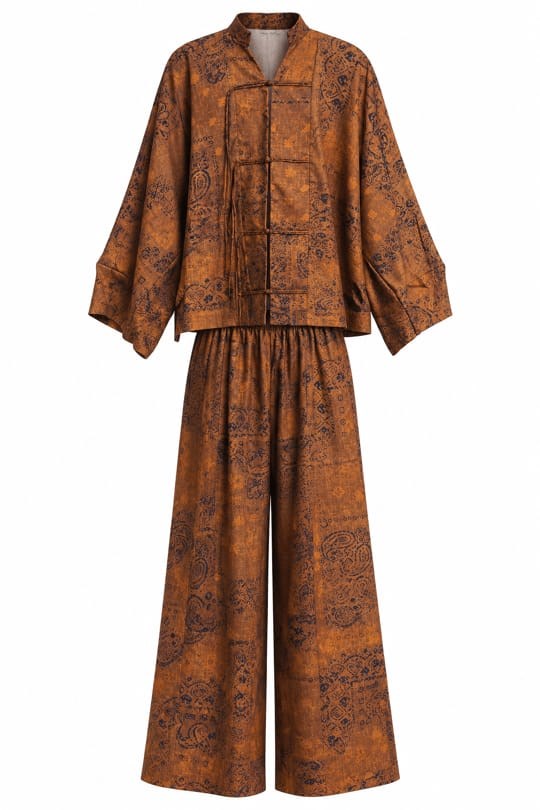Noemi Etnik Desenli Kimono Bluz-Palazzo Pantolon Saten Takım