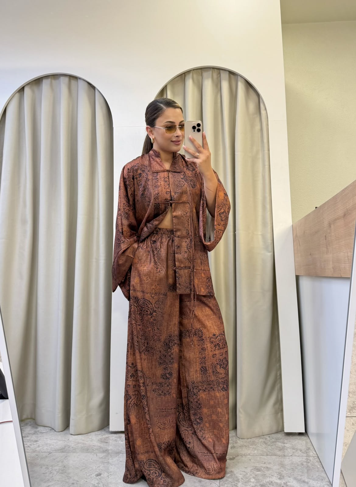 Noemi Etnik Desenli Kimono Bluz-Palazzo Pantolon Saten Takım
