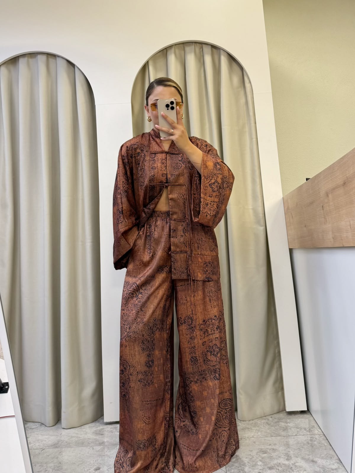 Noemi Etnik Desenli Kimono Bluz-Palazzo Pantolon Saten Takım