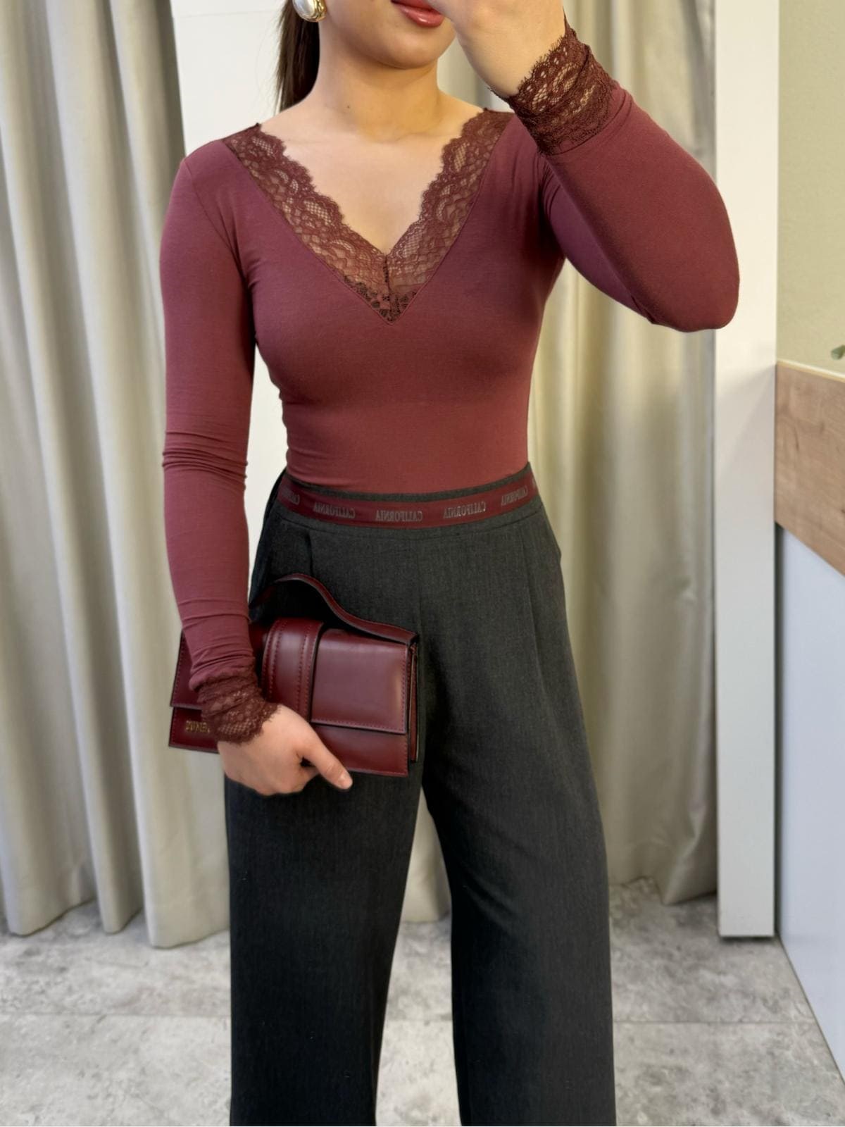 Orj Marka Dantelli Kaşmir Bluz Bordo