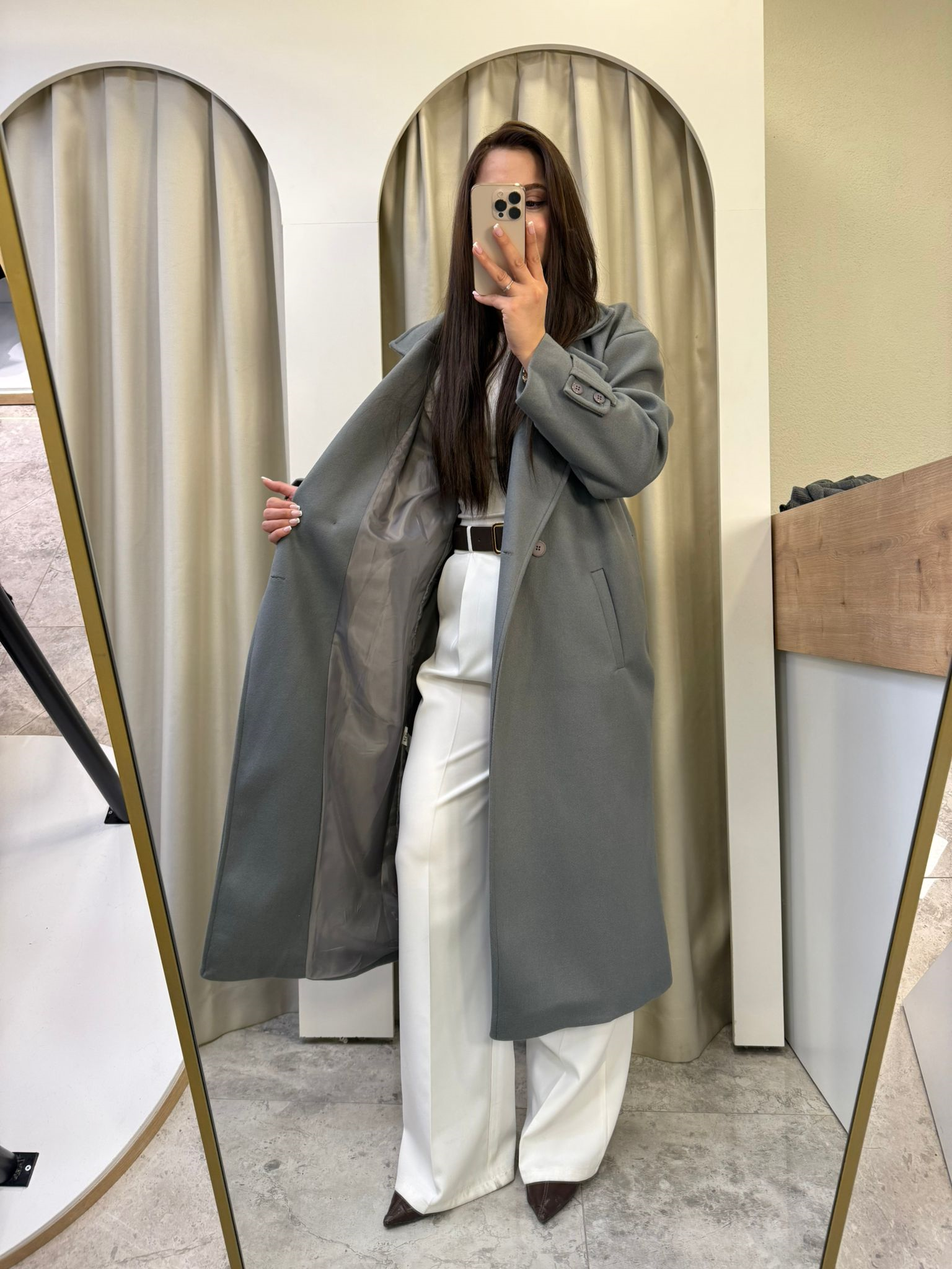 Oversize Astarlı Gri Kaşe Kaban
