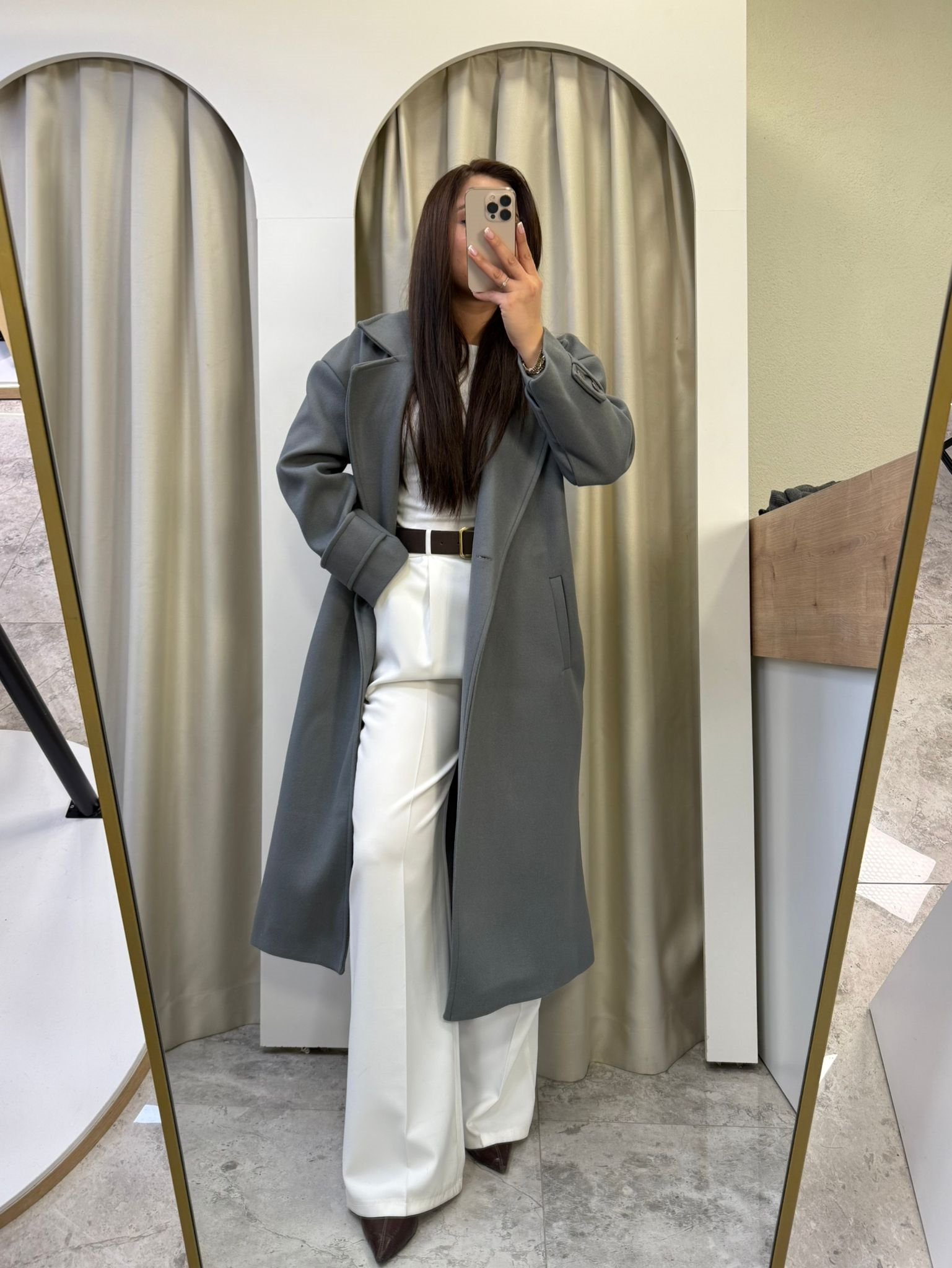 Oversize Astarlı Gri Kaşe Kaban