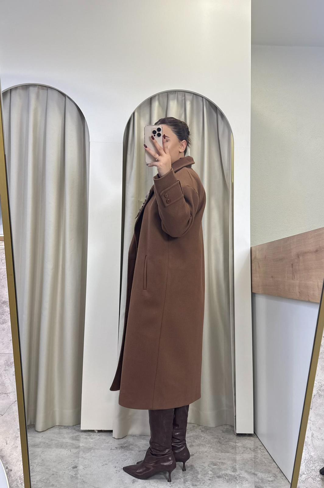 Oversize Astarlı Kaşe Kaban-KAHVE