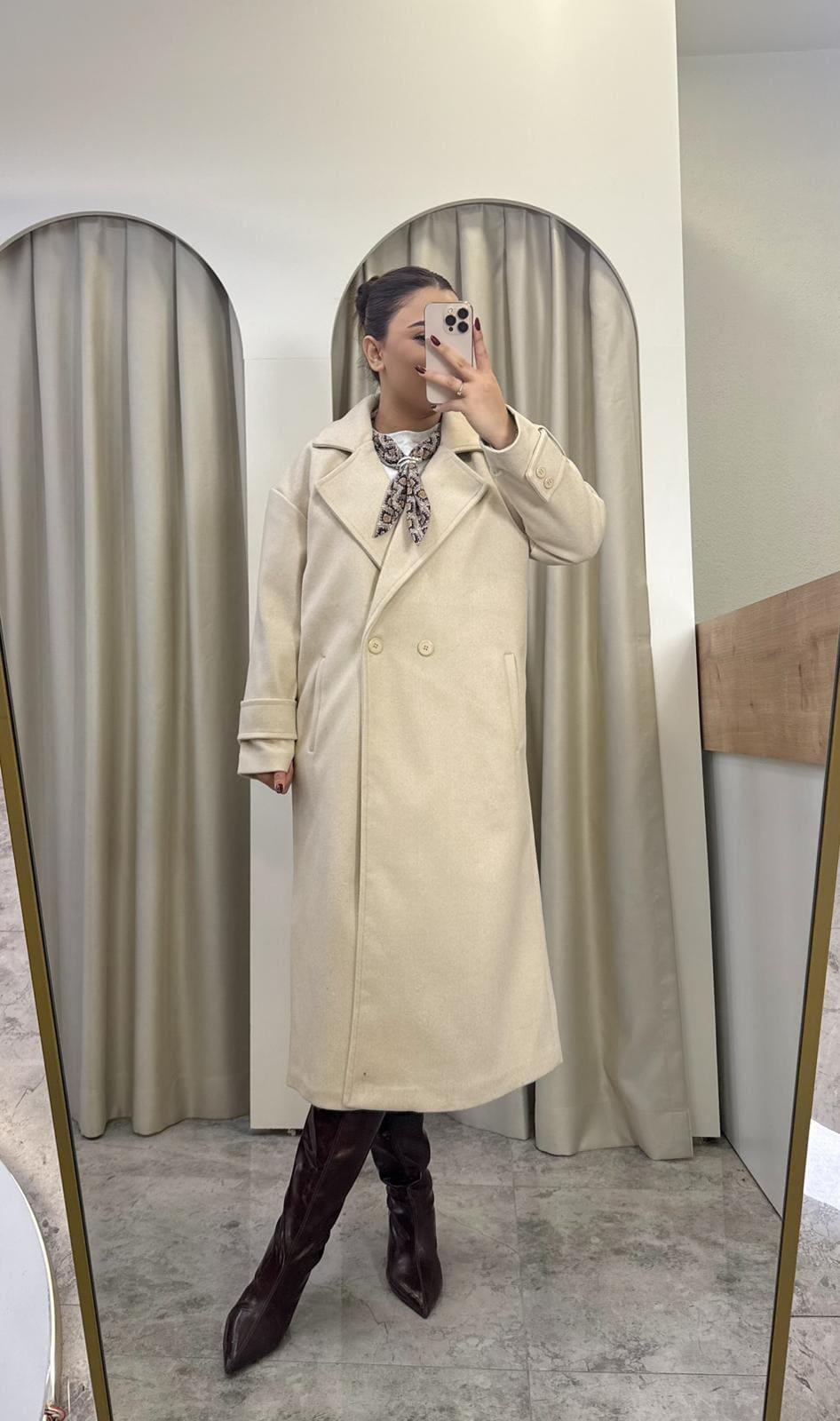 Oversize Astarlı Kaşe Kaban-KREM