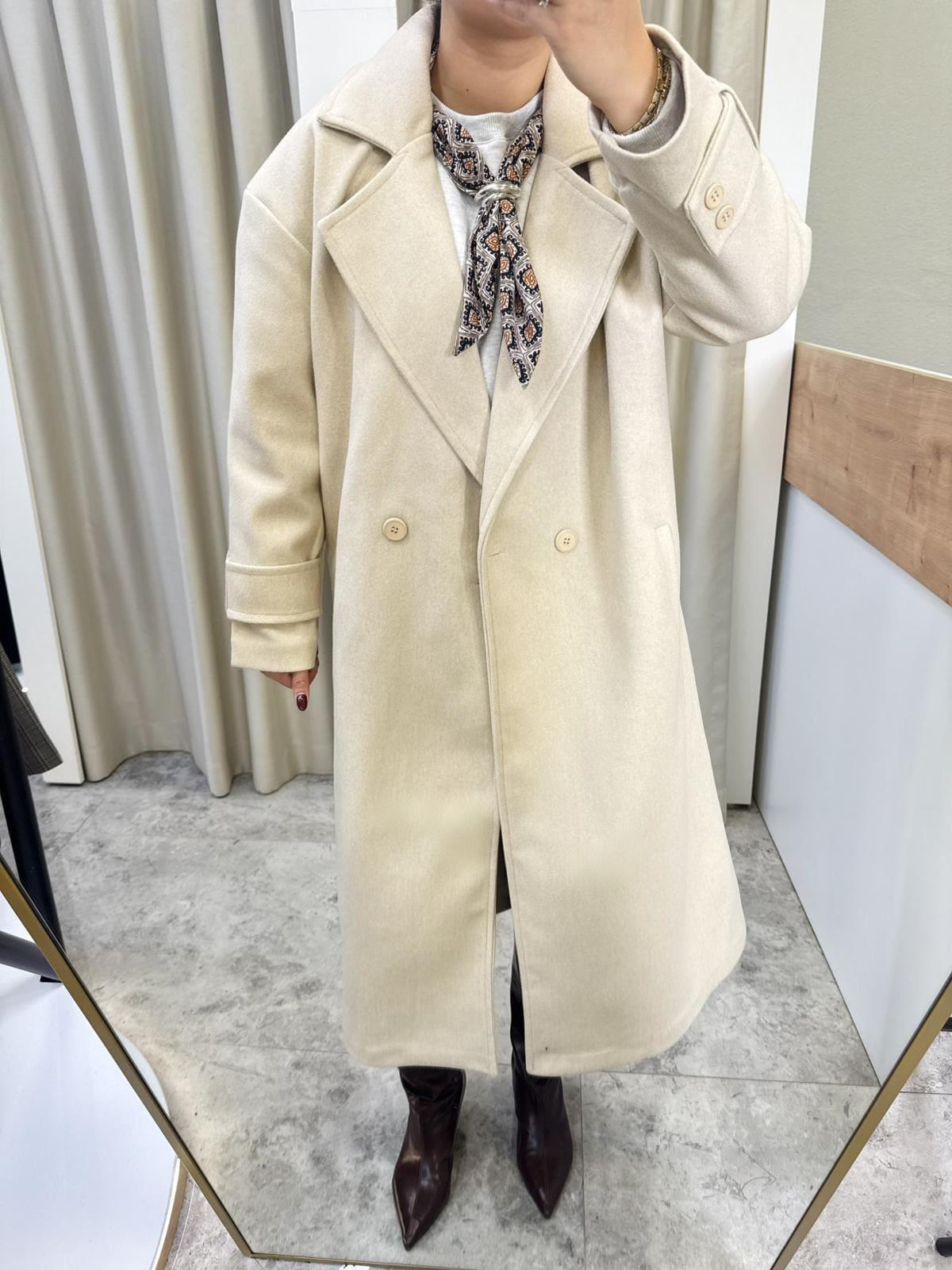 Oversize Astarlı Kaşe Kaban-KREM