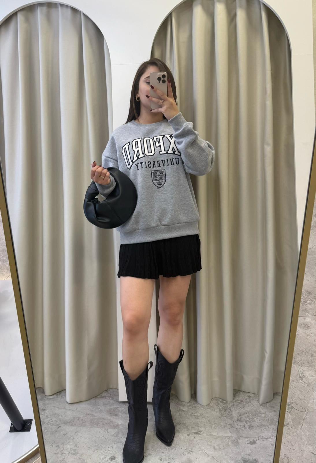 Oxford Baskılı Sweatshirt-Gri
