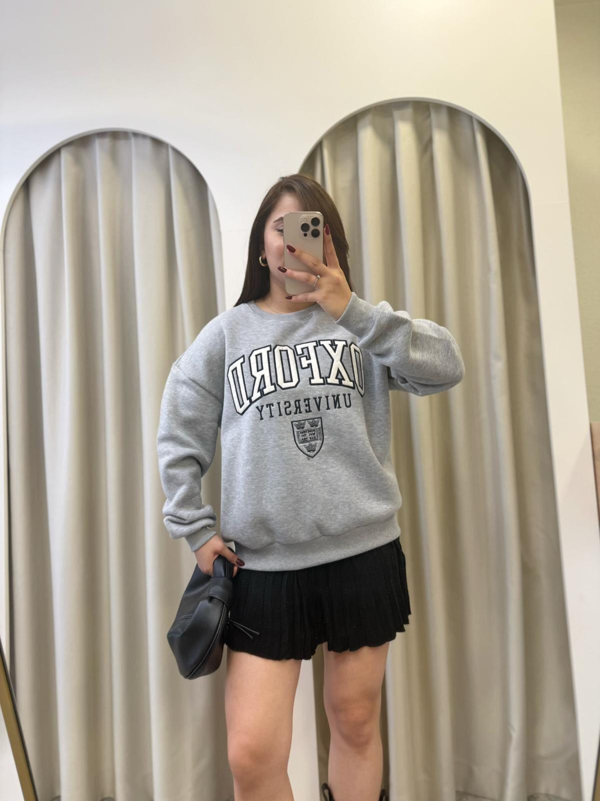 Oxford Baskılı Sweatshirt-Gri