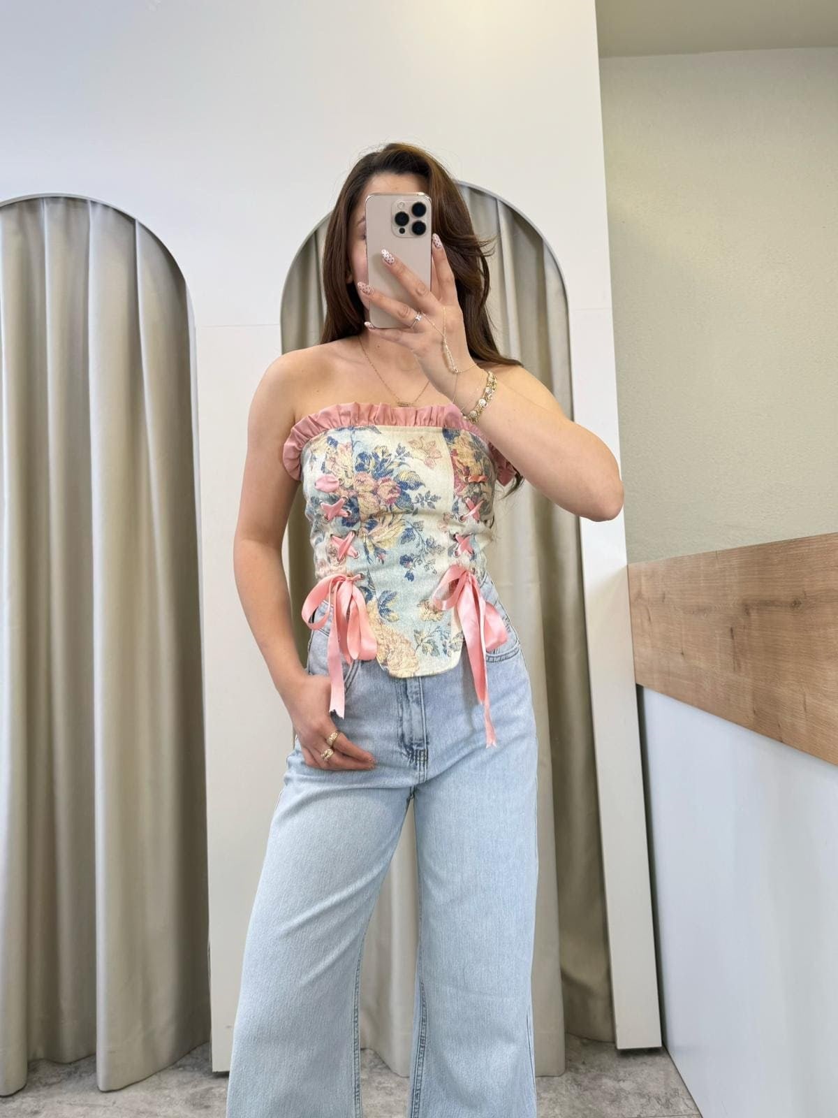 Pamela Pembe Çiçek Desen Kurdelalı Korse