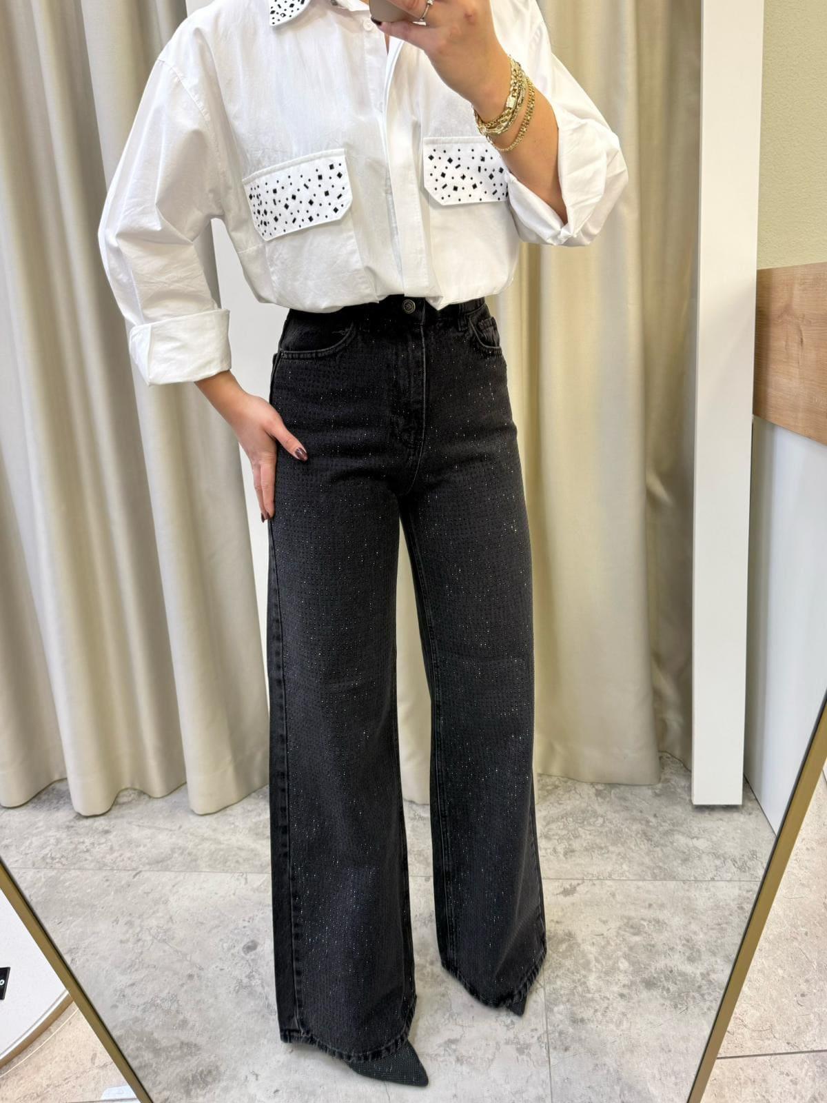 Parla Siyah Taşlı Wide Leg Jean