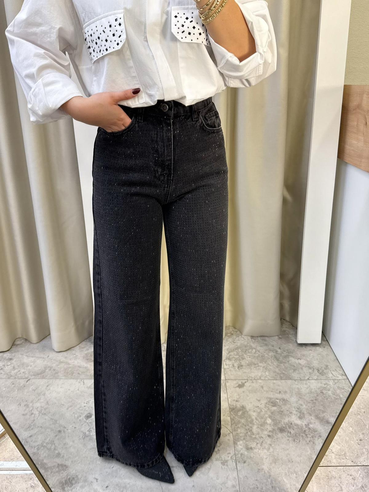 Parla Siyah Taşlı Wide Leg Jean