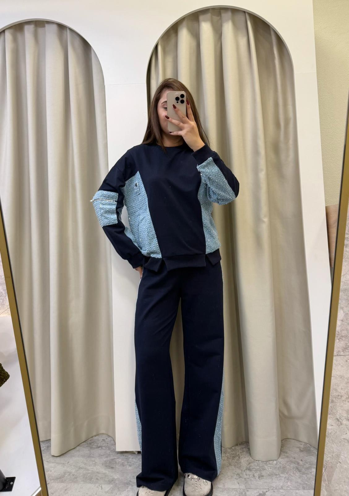 Parlak Denim Detaylı Eşofman Takımı