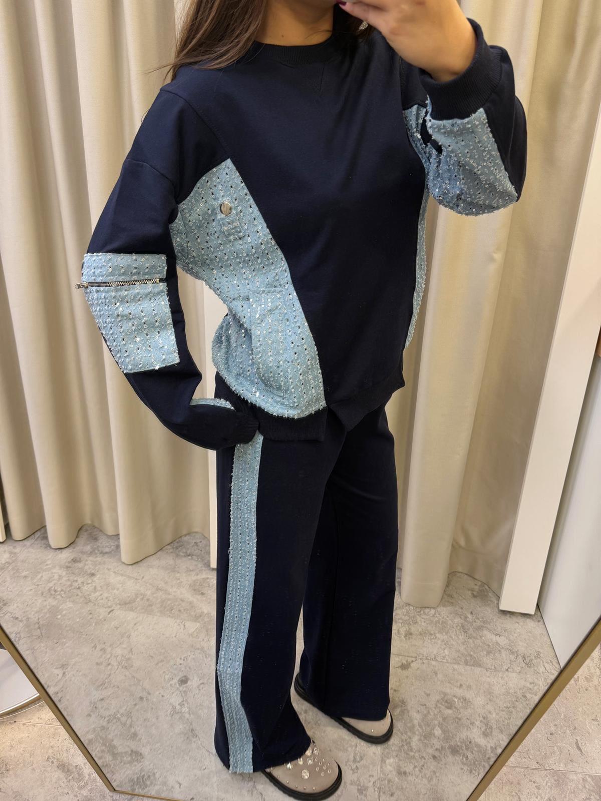 Parlak Denim Detaylı Eşofman Takımı