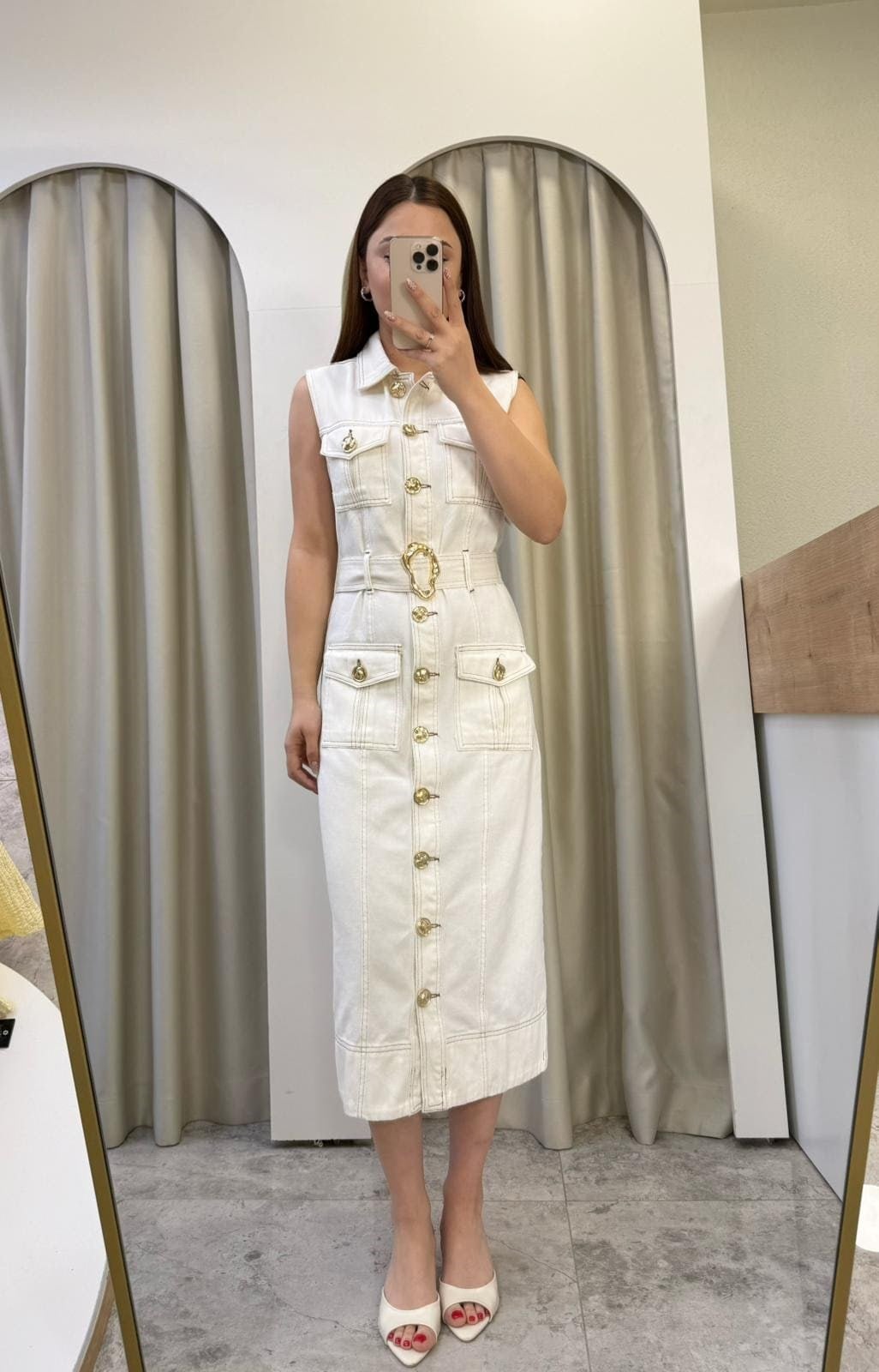 Parsien Bej Gold Düğmeli Denim Elbise