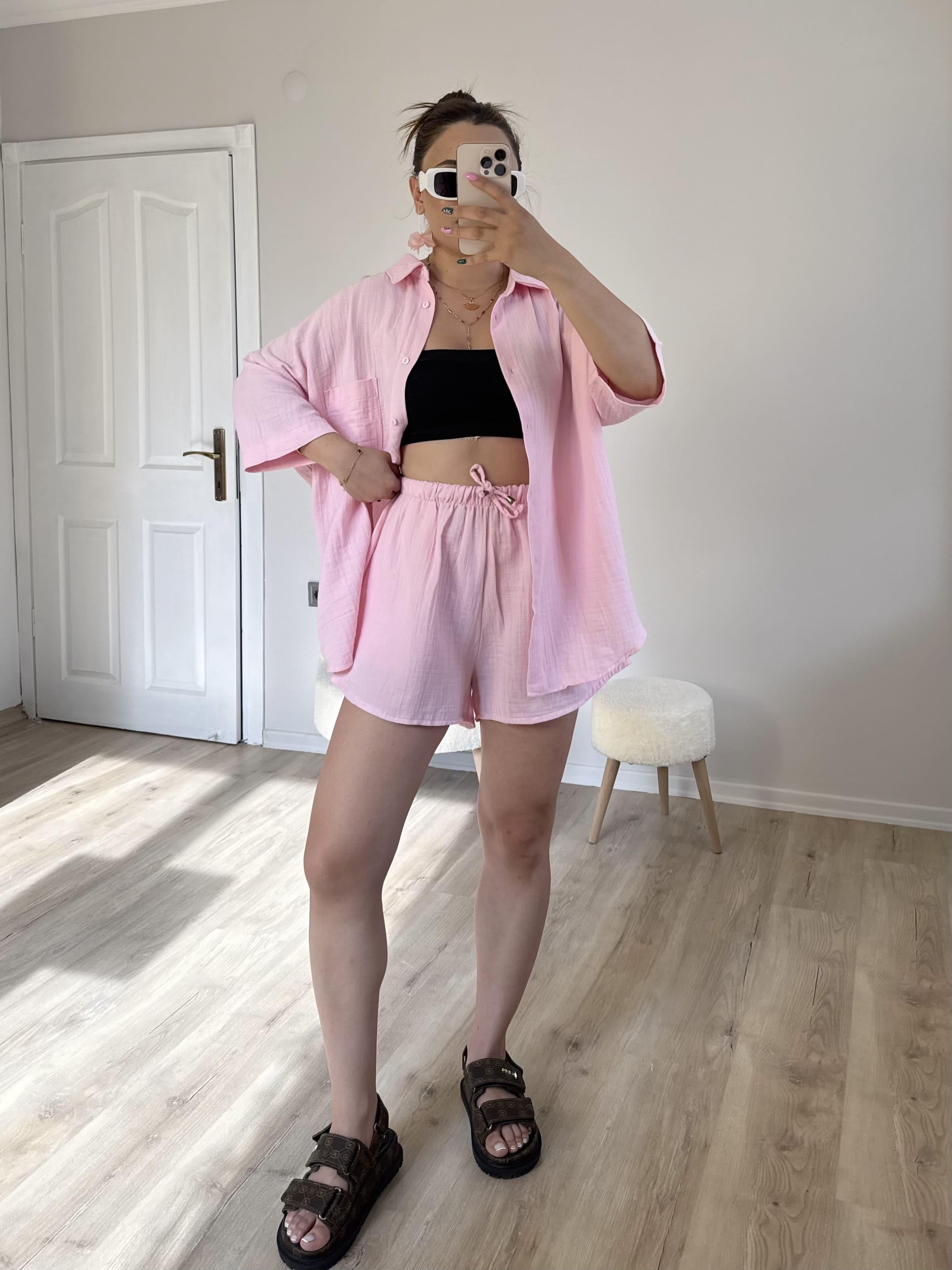 Pembe Müslin Şortlu Takım