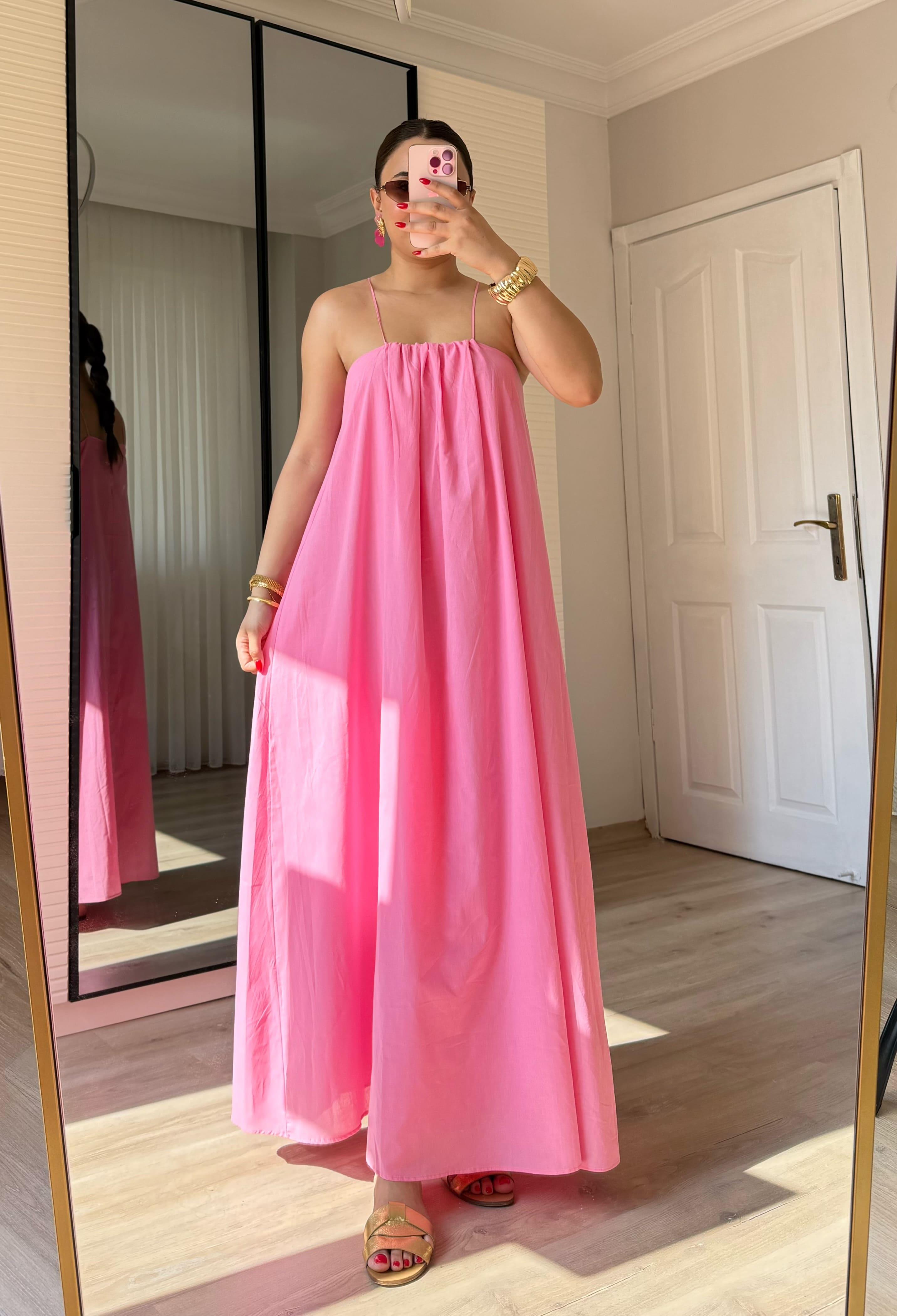 Poplin İp Askılı Elbise-Pembe