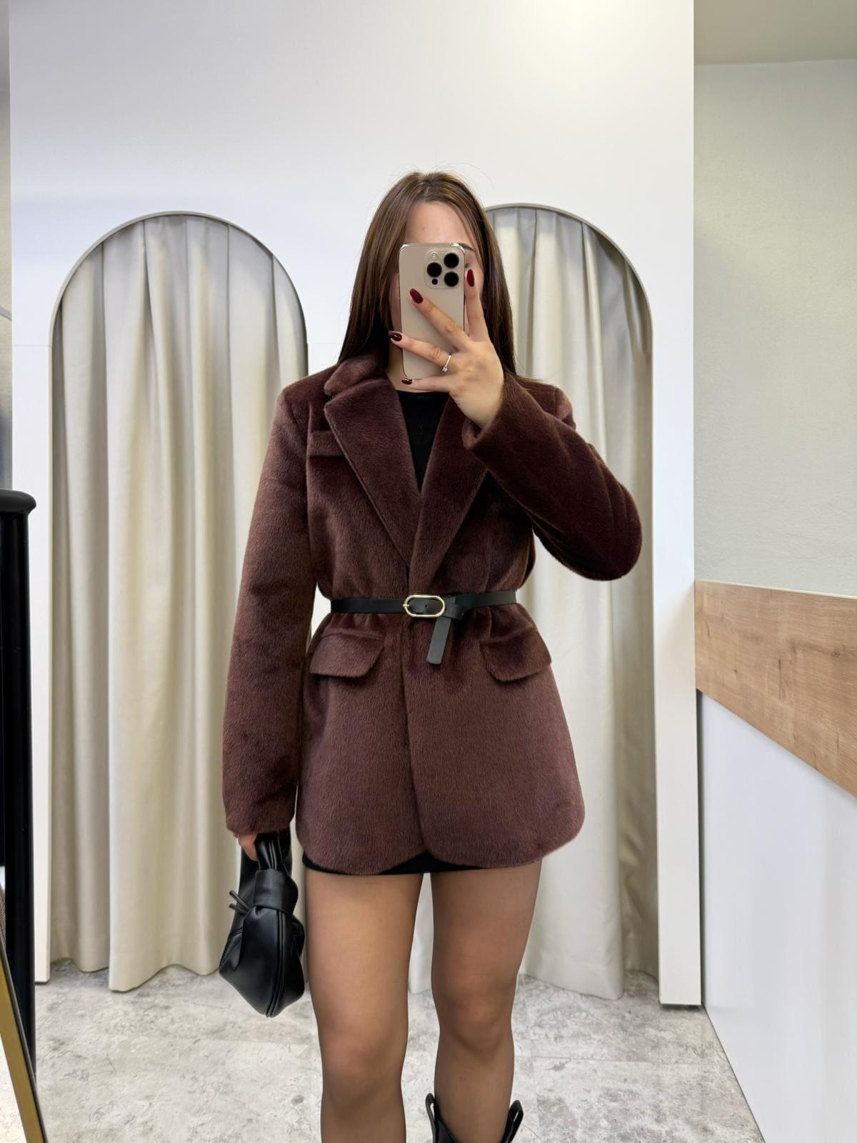 Premium Kemerli Peluş Blazer-KAHVE