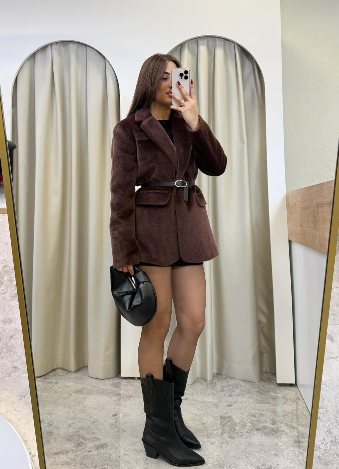 Premium Kemerli Peluş Blazer-KAHVE