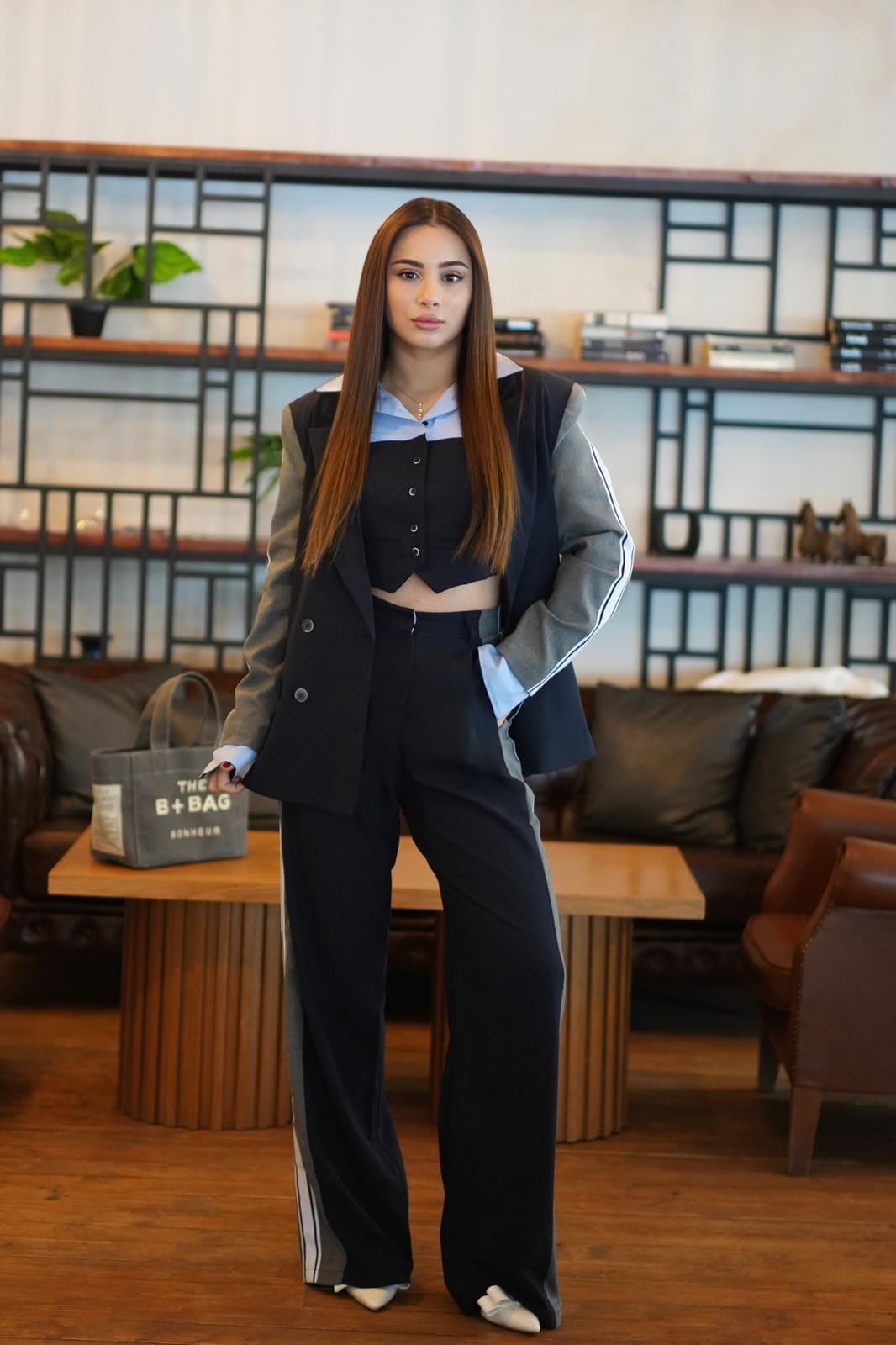 Quzu Tasarım Şeritli Blazer Takım