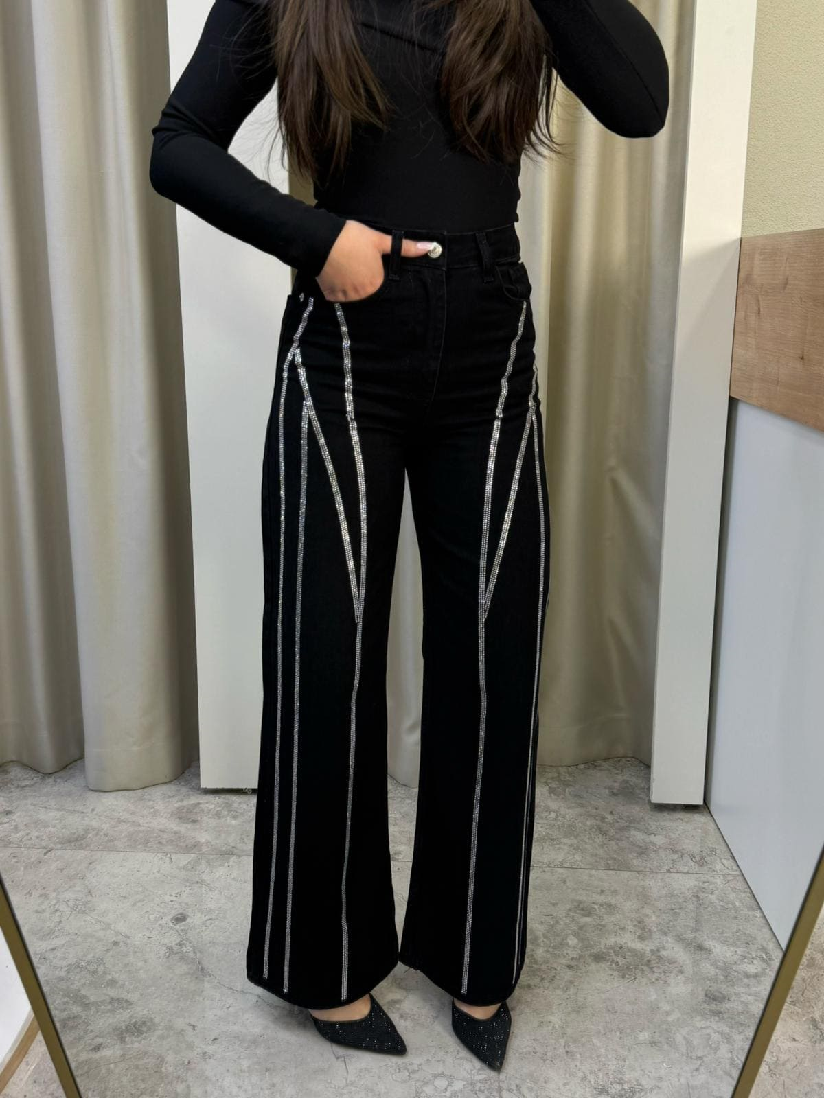Rexis Taş Şeritli Siyah Jean