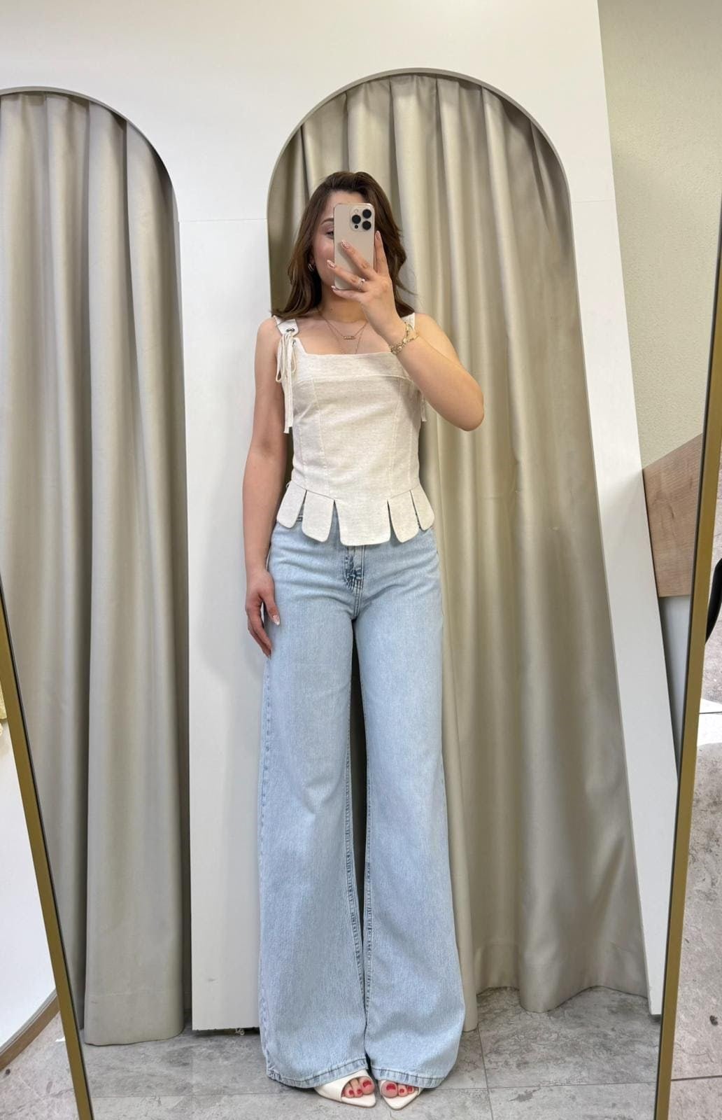 Ribbon Natural Keten Dilimli Korse Bluz