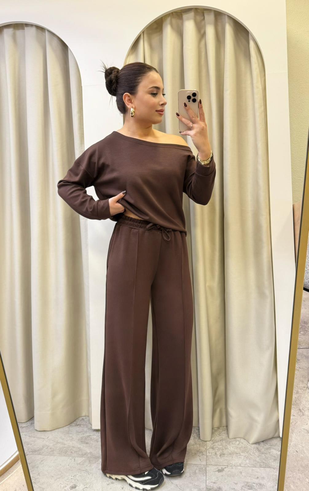 Rivana Kahve Kayık Yaka Modal Takım