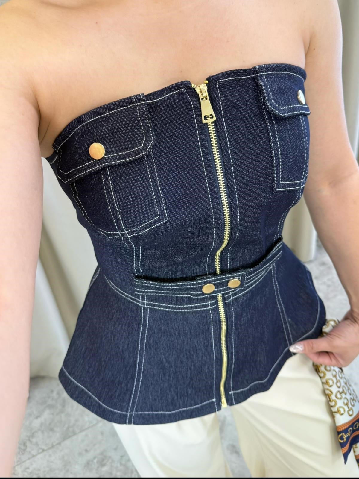 Rochee Fermuarlı Denim Korse