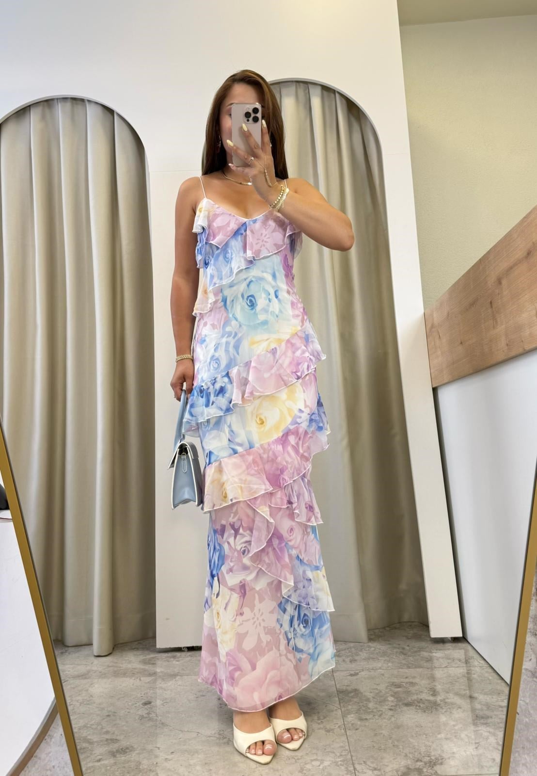 Rory Pembe Fırfırlı Şifon Maxi Elbise