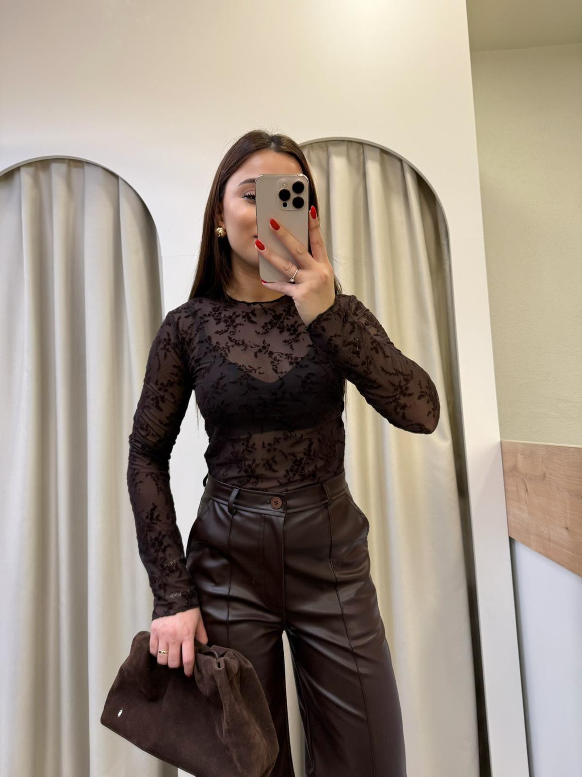 Rosel Kahve Transparan Çiçekli Bluz