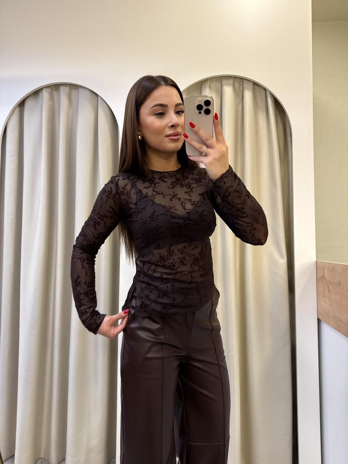 Rosel Kahve Transparan Çiçekli Bluz