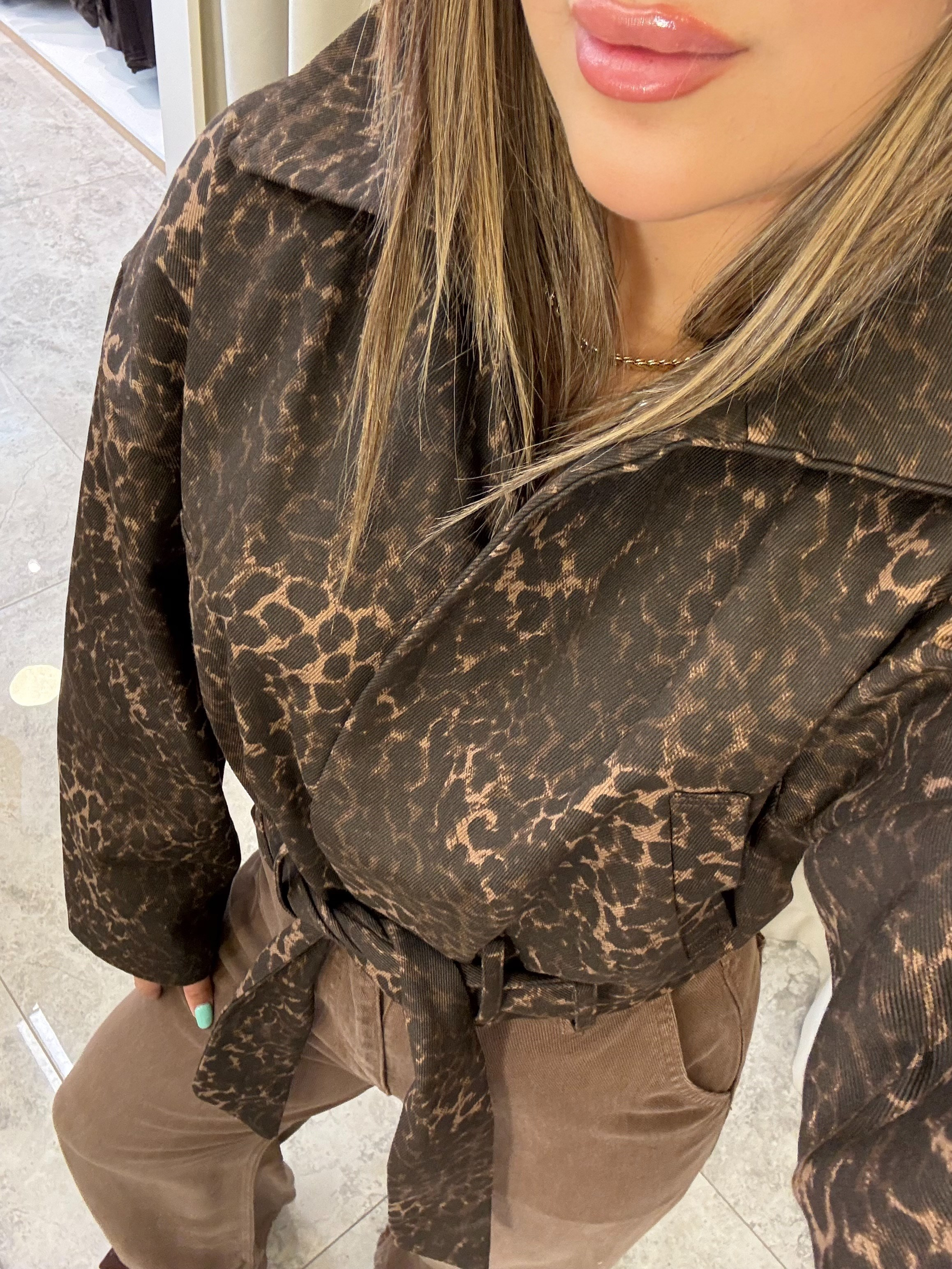 Sable Leopar Desen Kuşaklı Gabardin Ceket