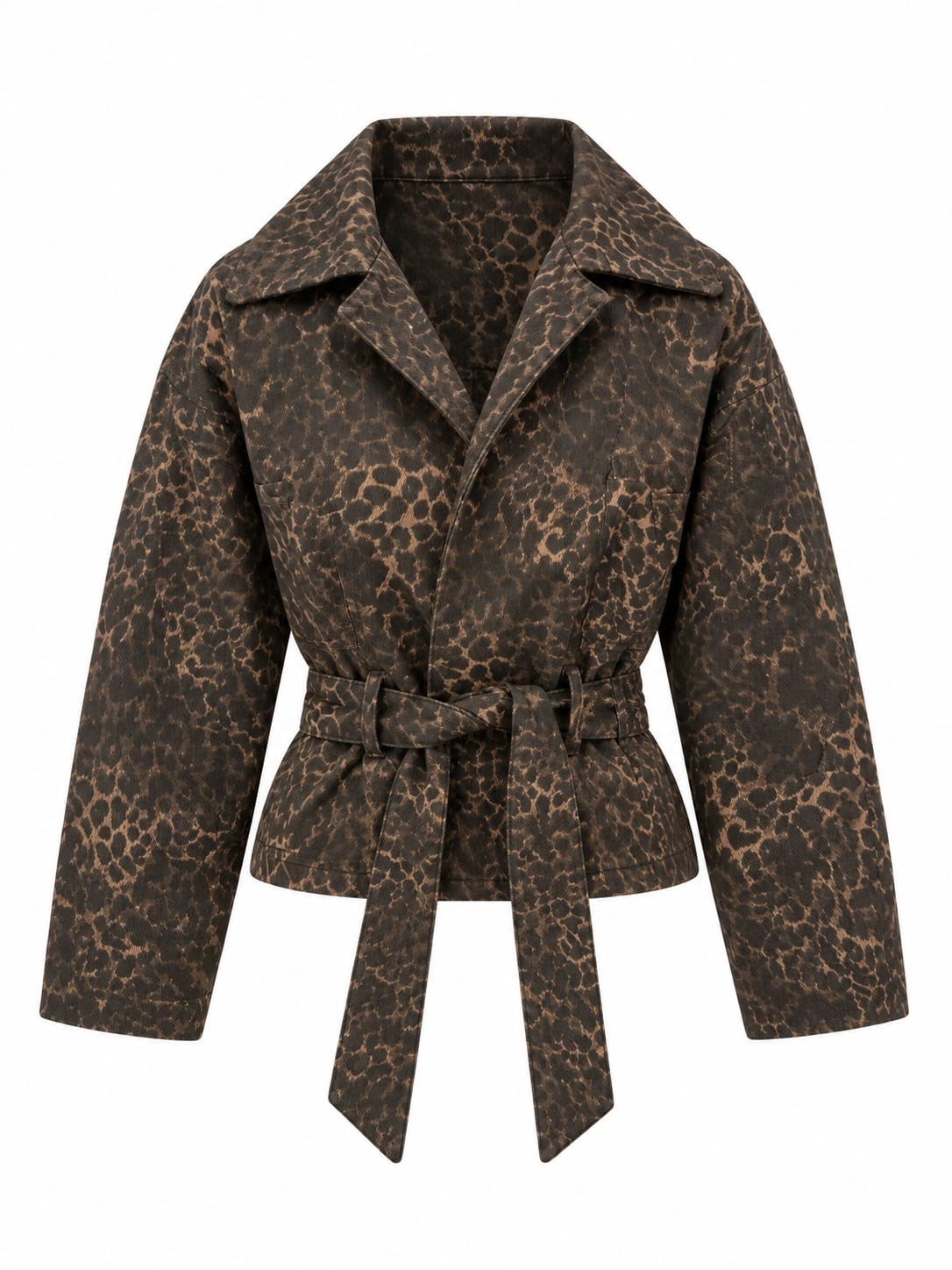 Sable Leopar Desen Kuşaklı Gabardin Ceket