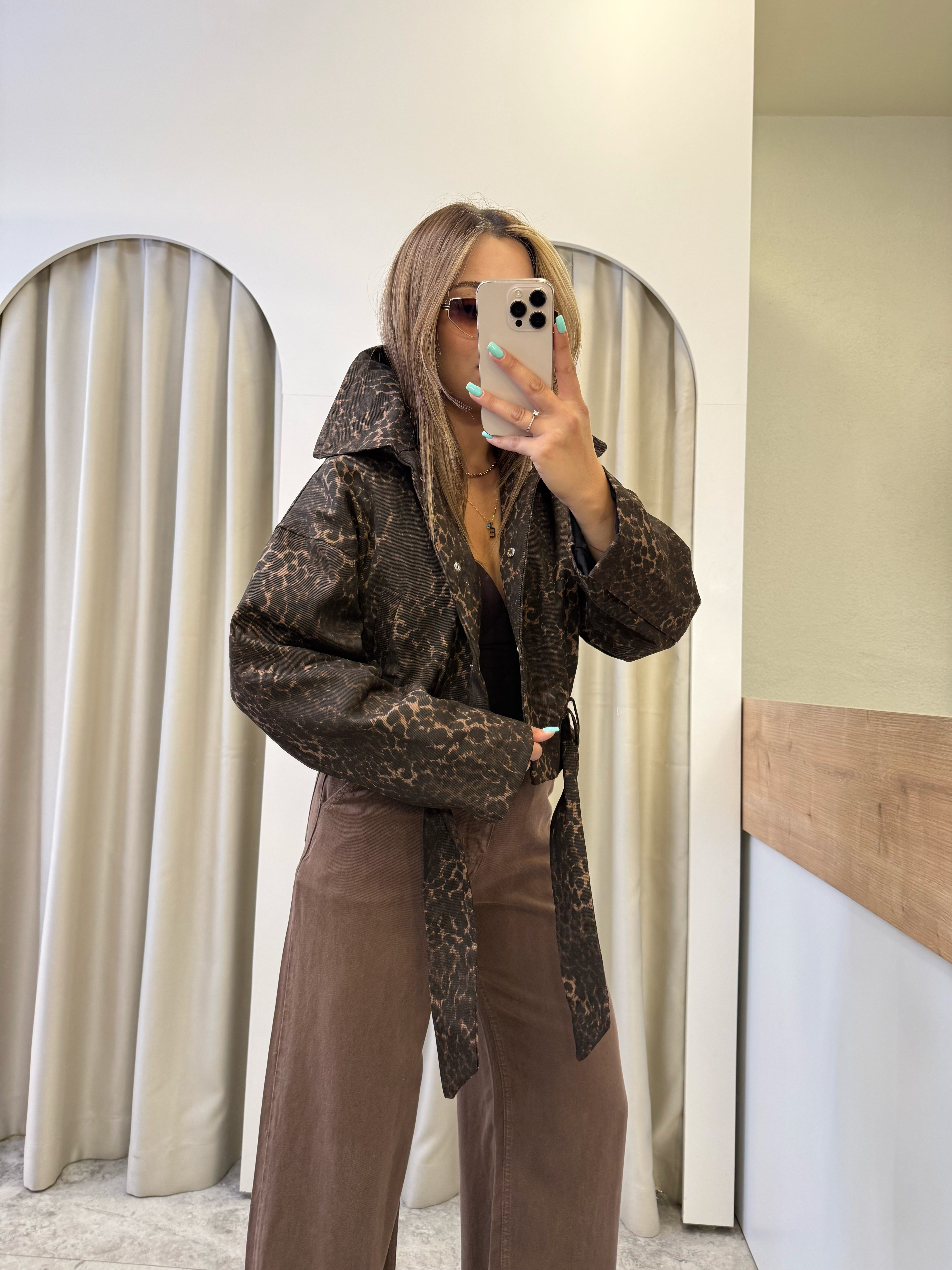Sable Leopar Desen Kuşaklı Gabardin Ceket