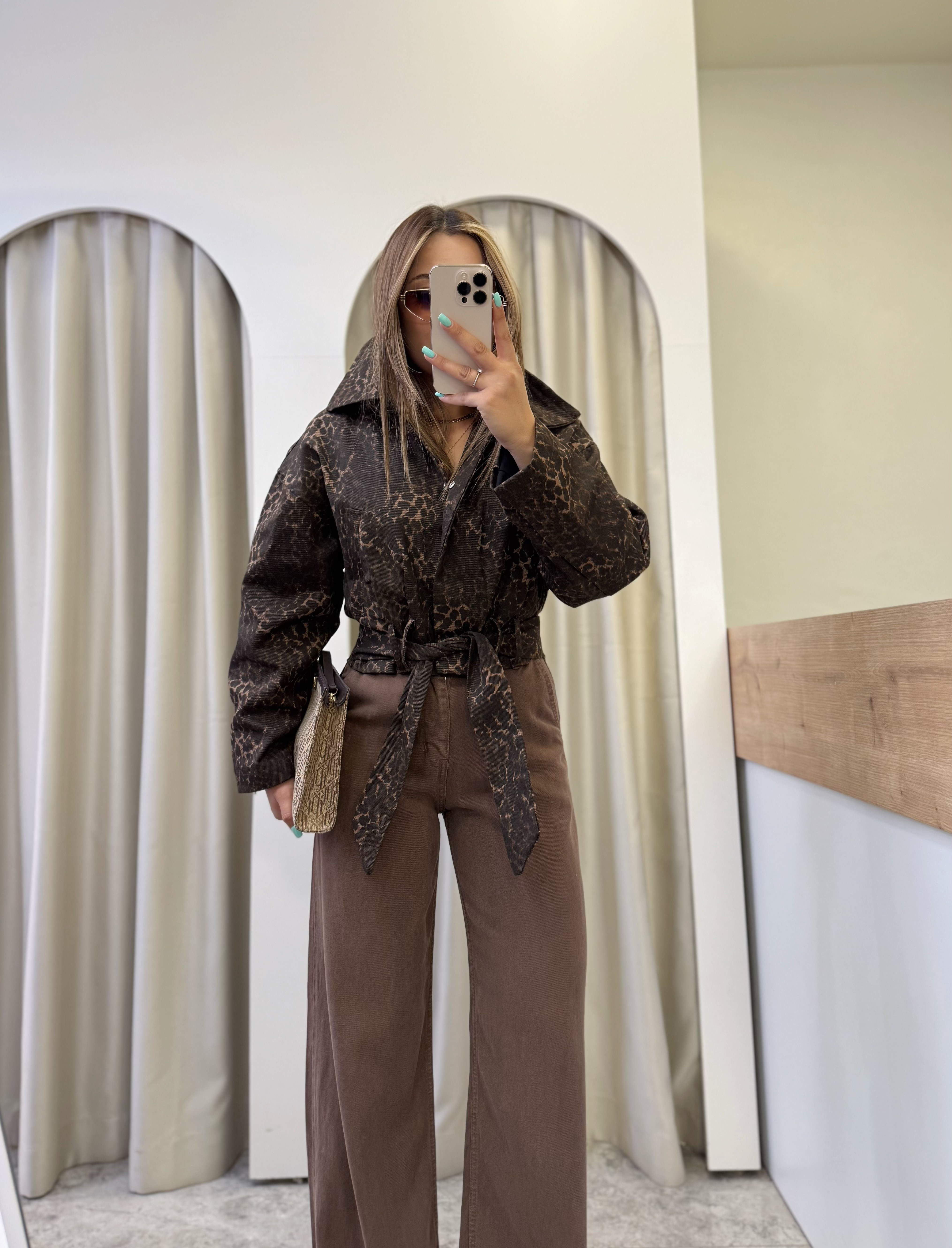 Sable Leopar Desen Kuşaklı Gabardin Ceket