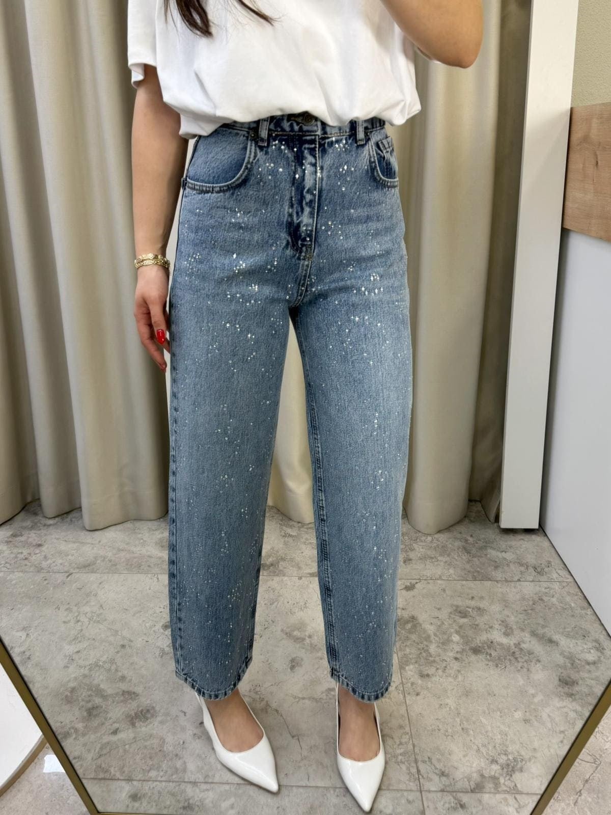 Shise Yüksek Bel Taşlı Mom Jean