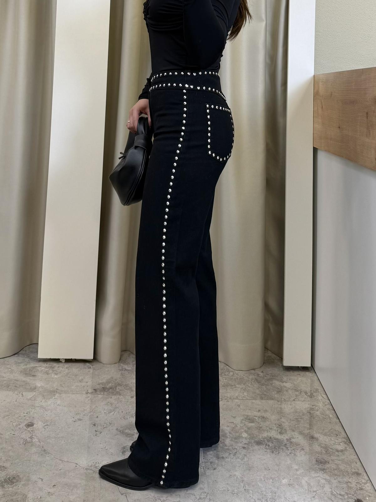 Siyah Zımbalı Wide Leg Jean