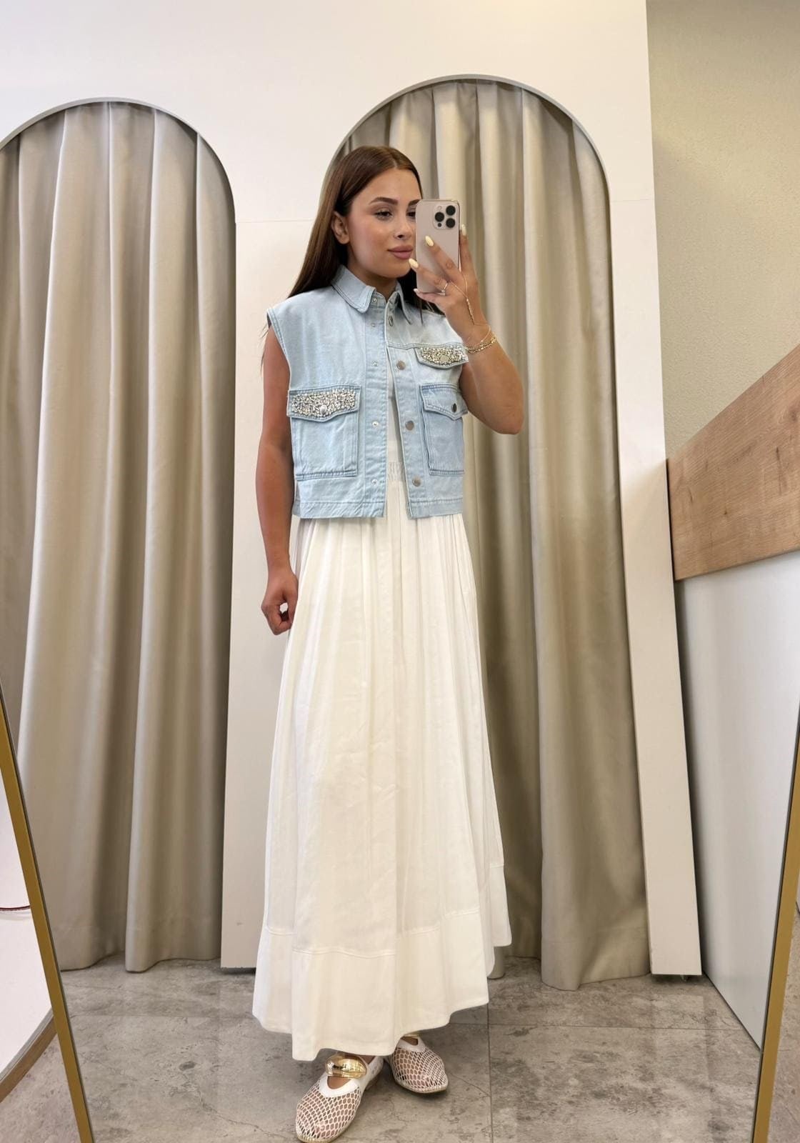 Solana Taşlı Marka Model Denim Yelek