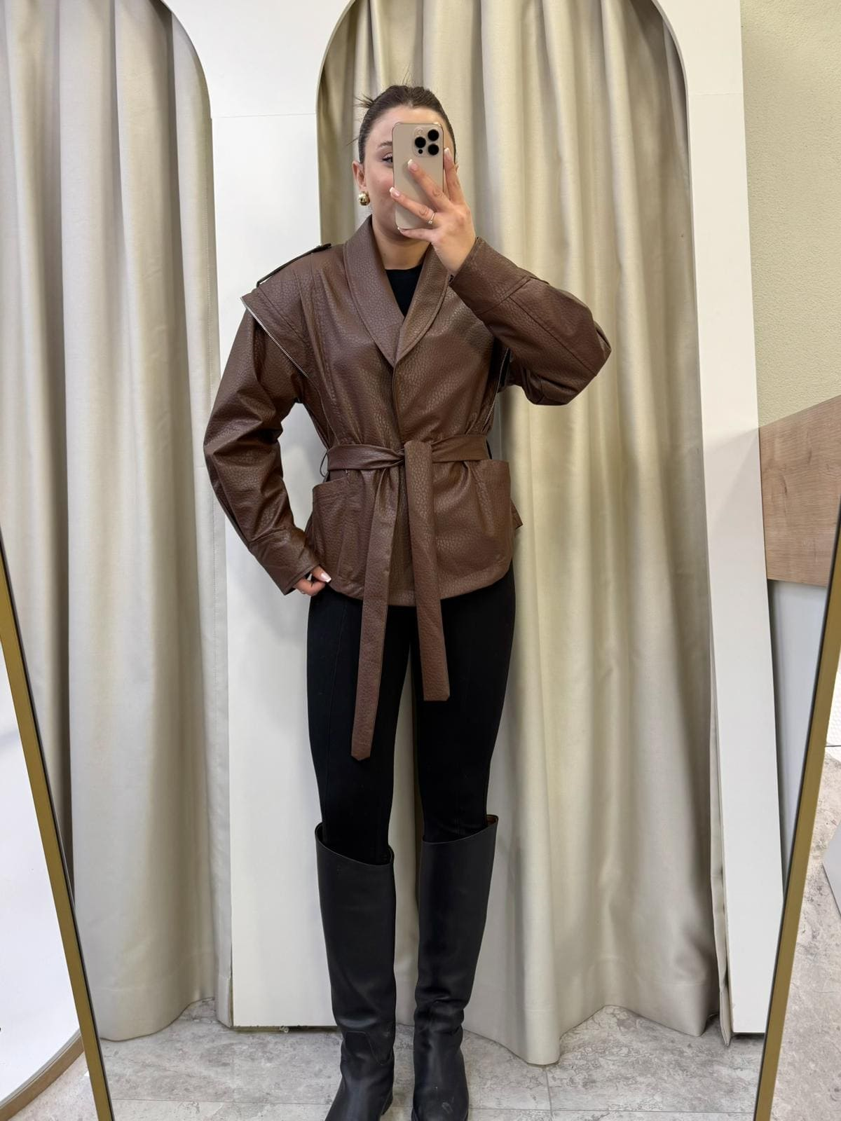 Sophie Kahve Kuşaklı Deri Ceket
