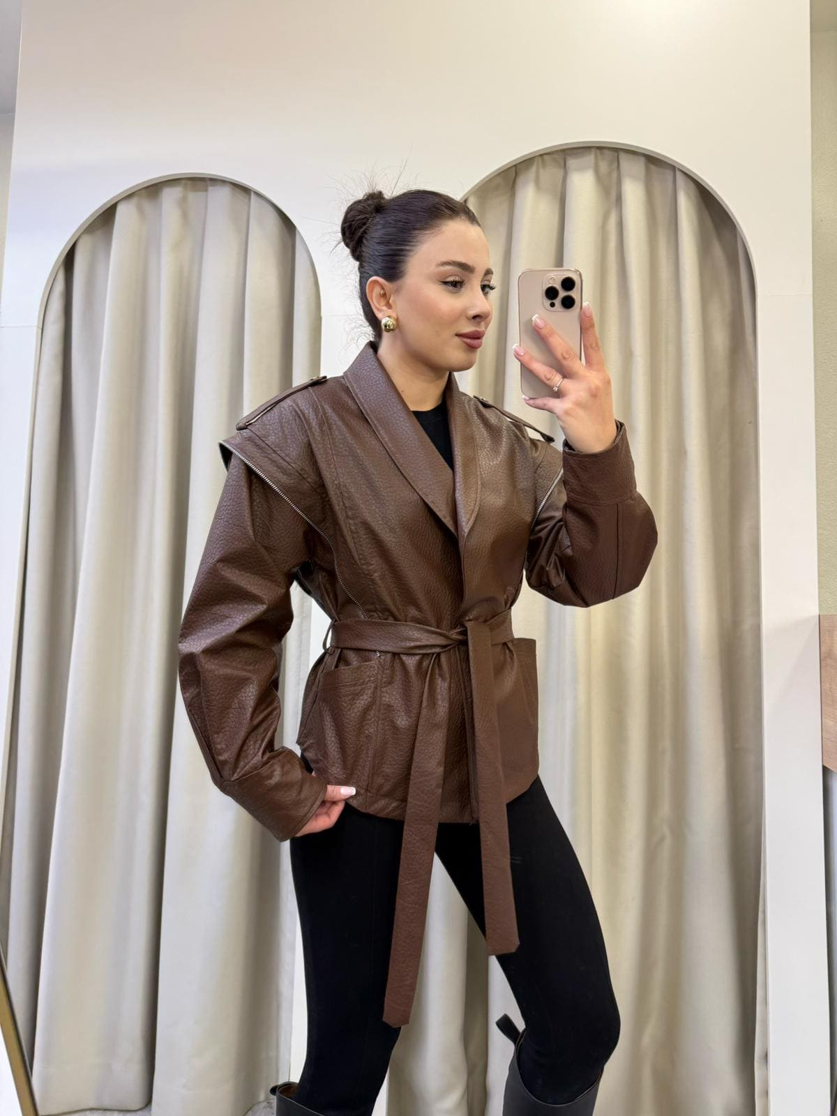 Sophie Kahve Kuşaklı Deri Ceket