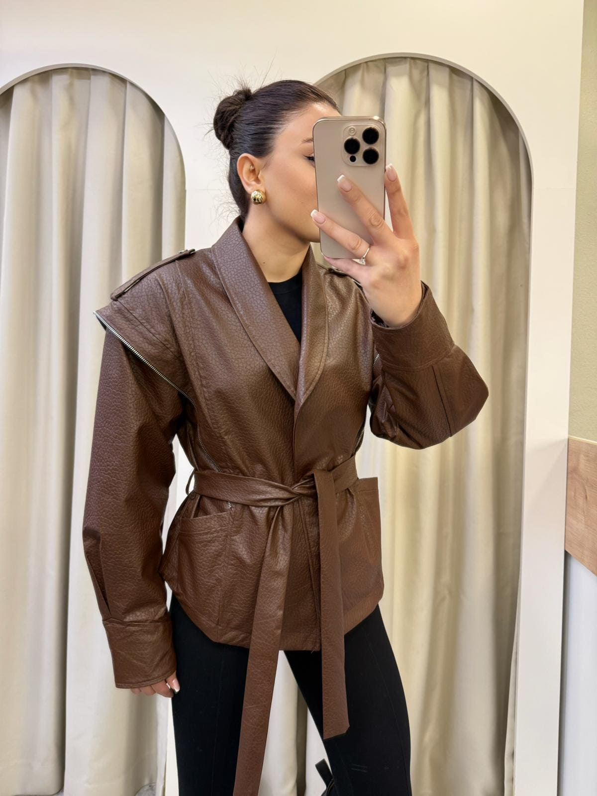 Sophie Kahve Kuşaklı Deri Ceket