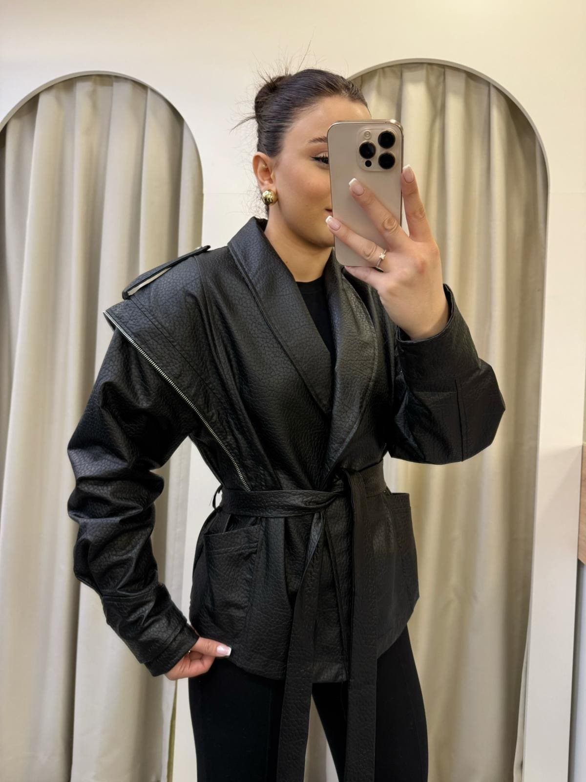 Sophie Siyah Kuşaklı Deri Ceket