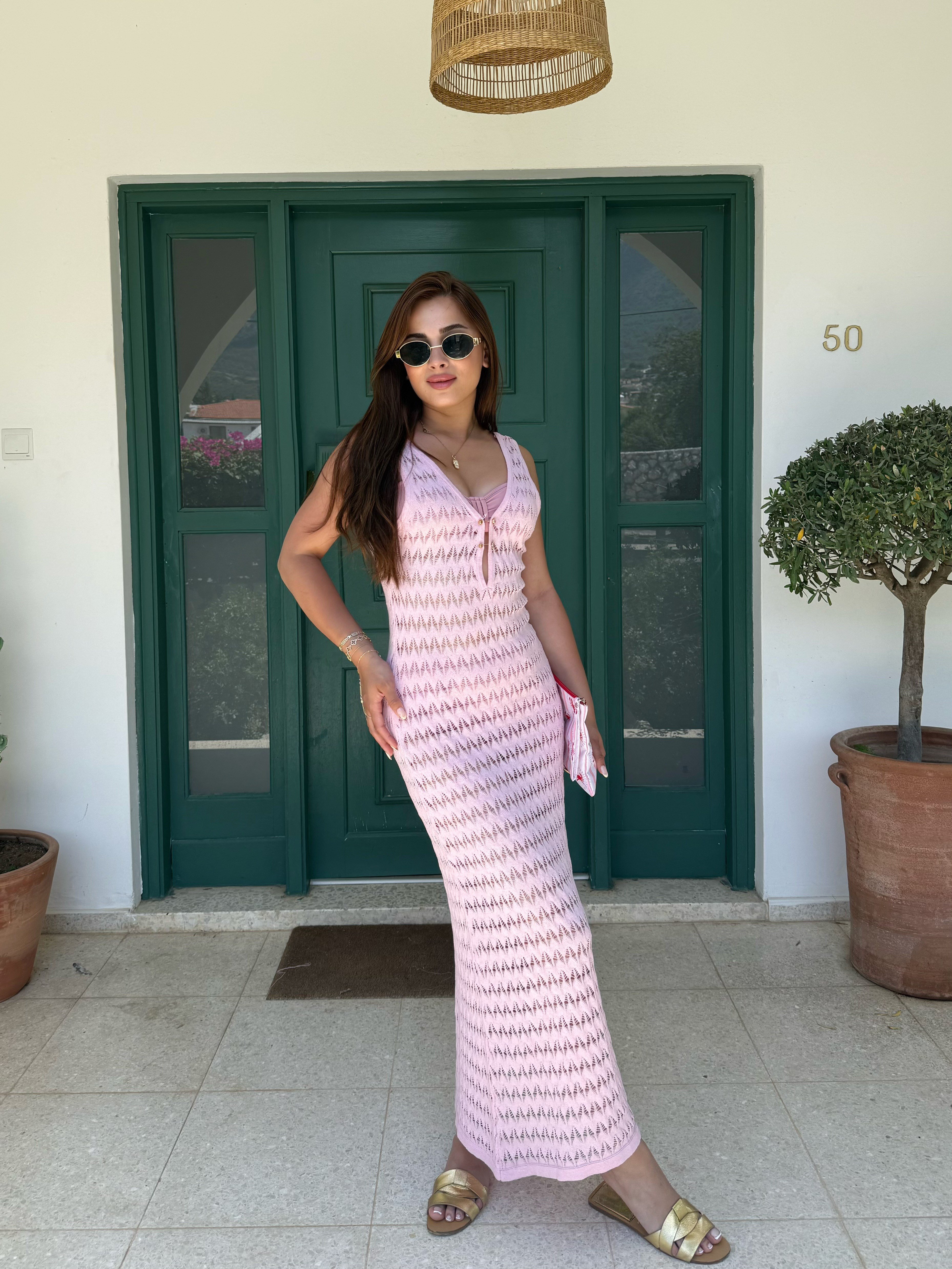 Stella Pembe Önü Gold Düğmeli Midi Beacwear Elbise