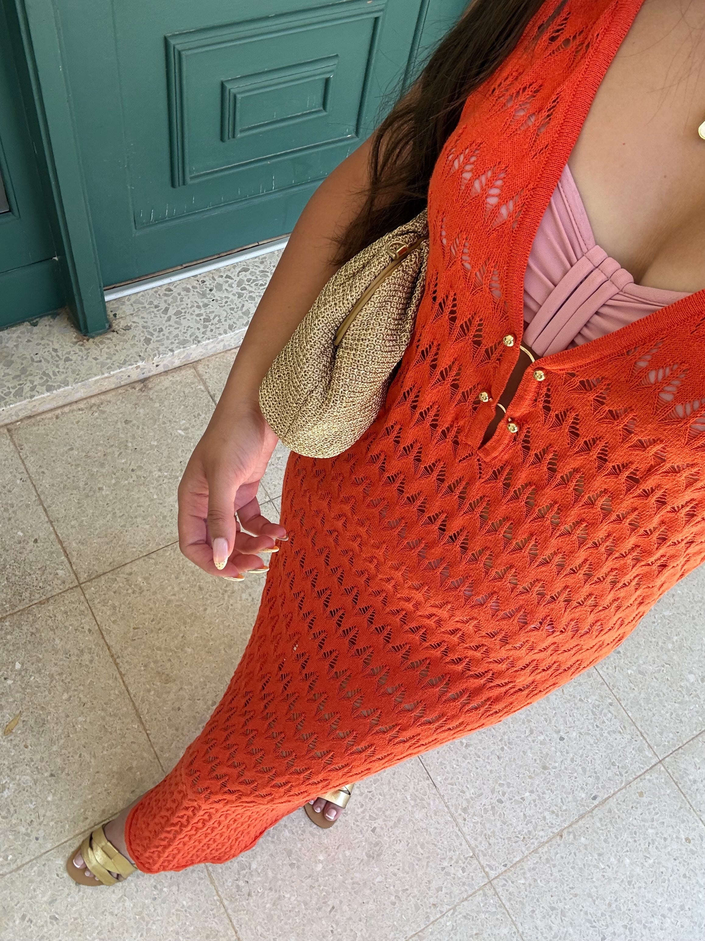Stella Turuncu Önü Gold Düğmeli Midi Beacwear Elbise