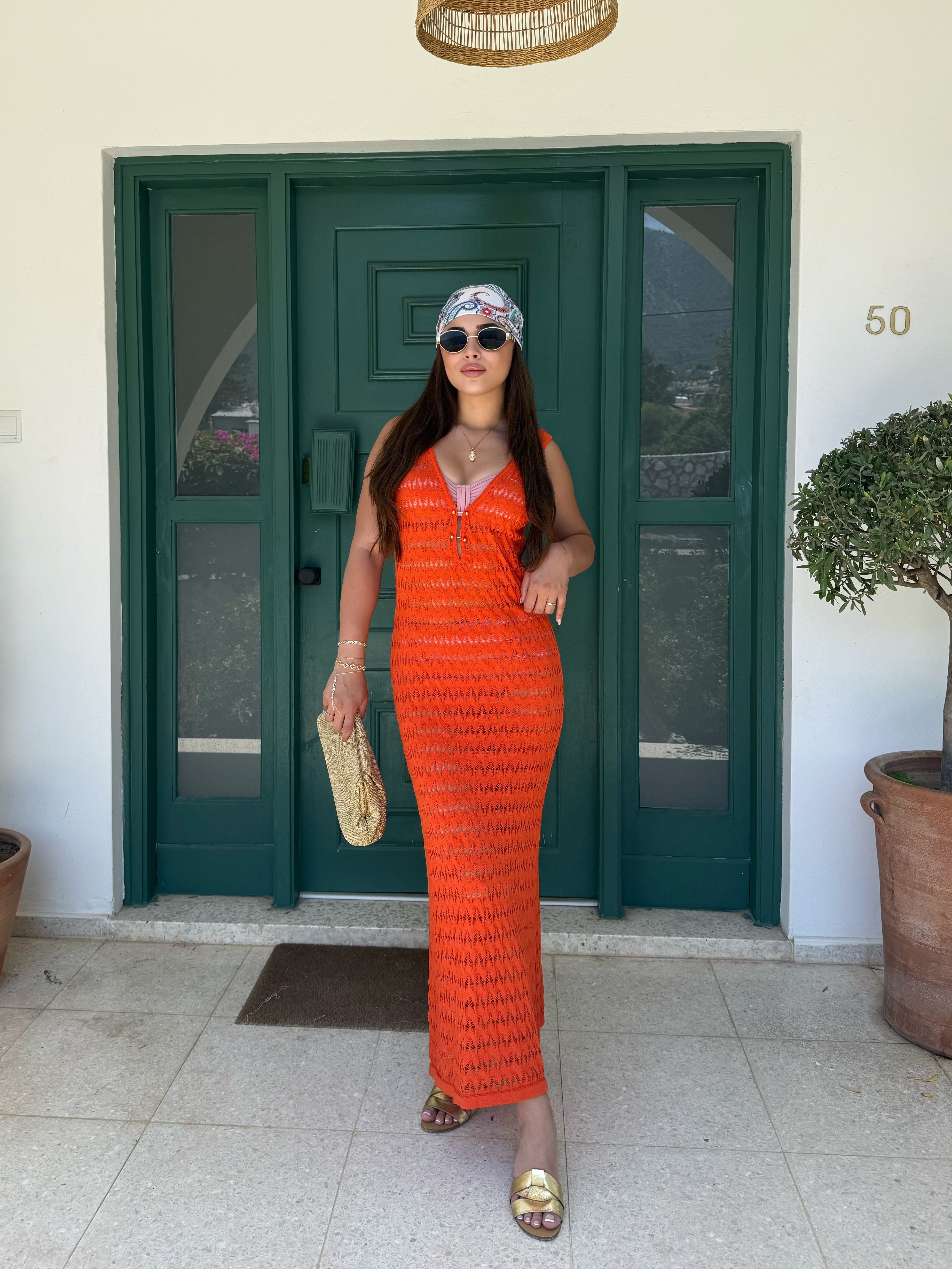 Stella Turuncu Önü Gold Düğmeli Midi Beacwear Elbise