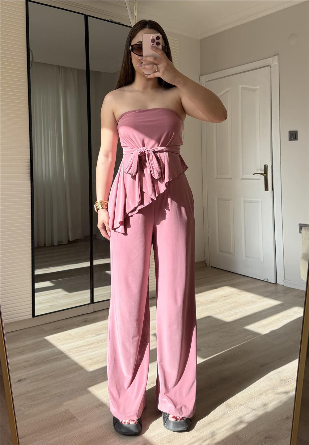Straplez fularlı takım-PEMBE