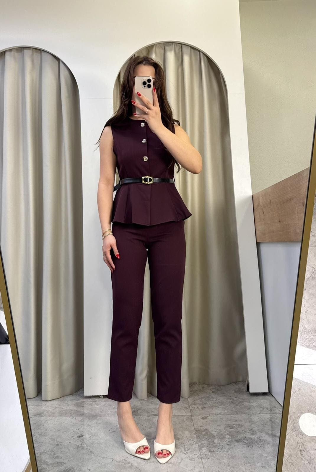 Swach Kemerli Yelekli Takım Bordo