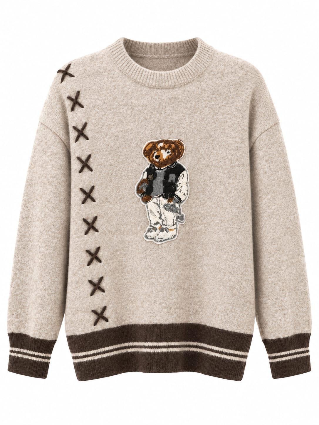 Teddy Bej Nakışlı Triko Kazak