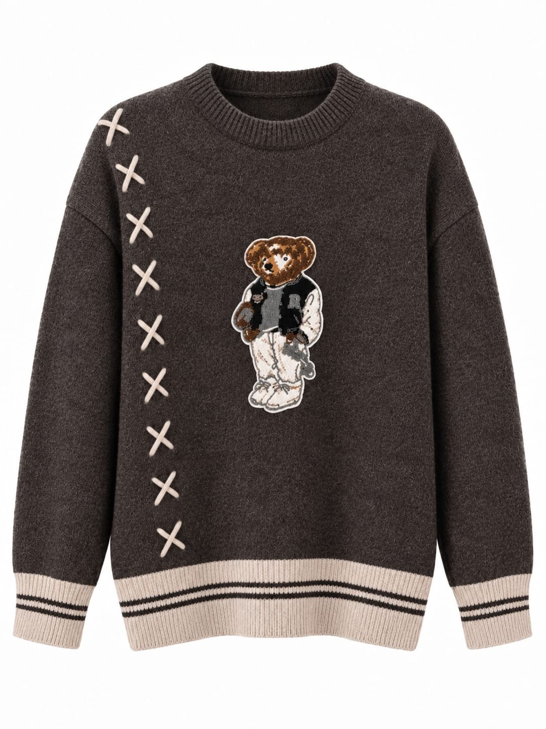 Teddy Kahve Nakışlı Triko Kazak